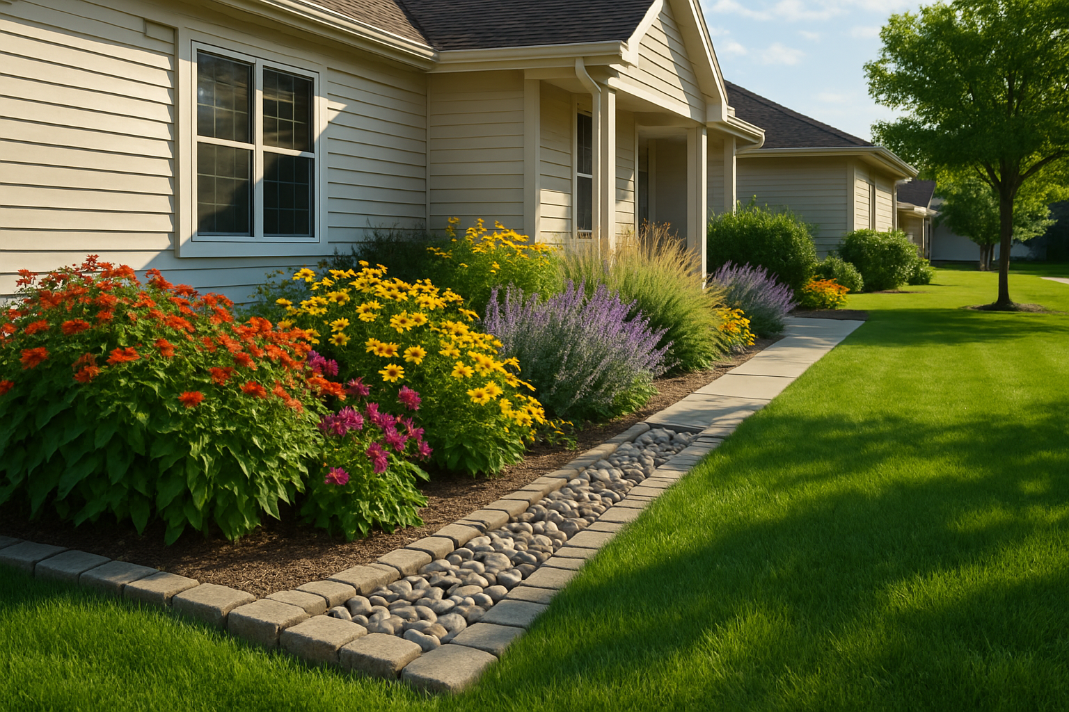 A well-maintained Rochester Minnesota front yard in August with decorative river rock beds, green lawn, colorful late-summer perennials, and a clean stone border leading water away from the home foundation under bright afternoon sunlight