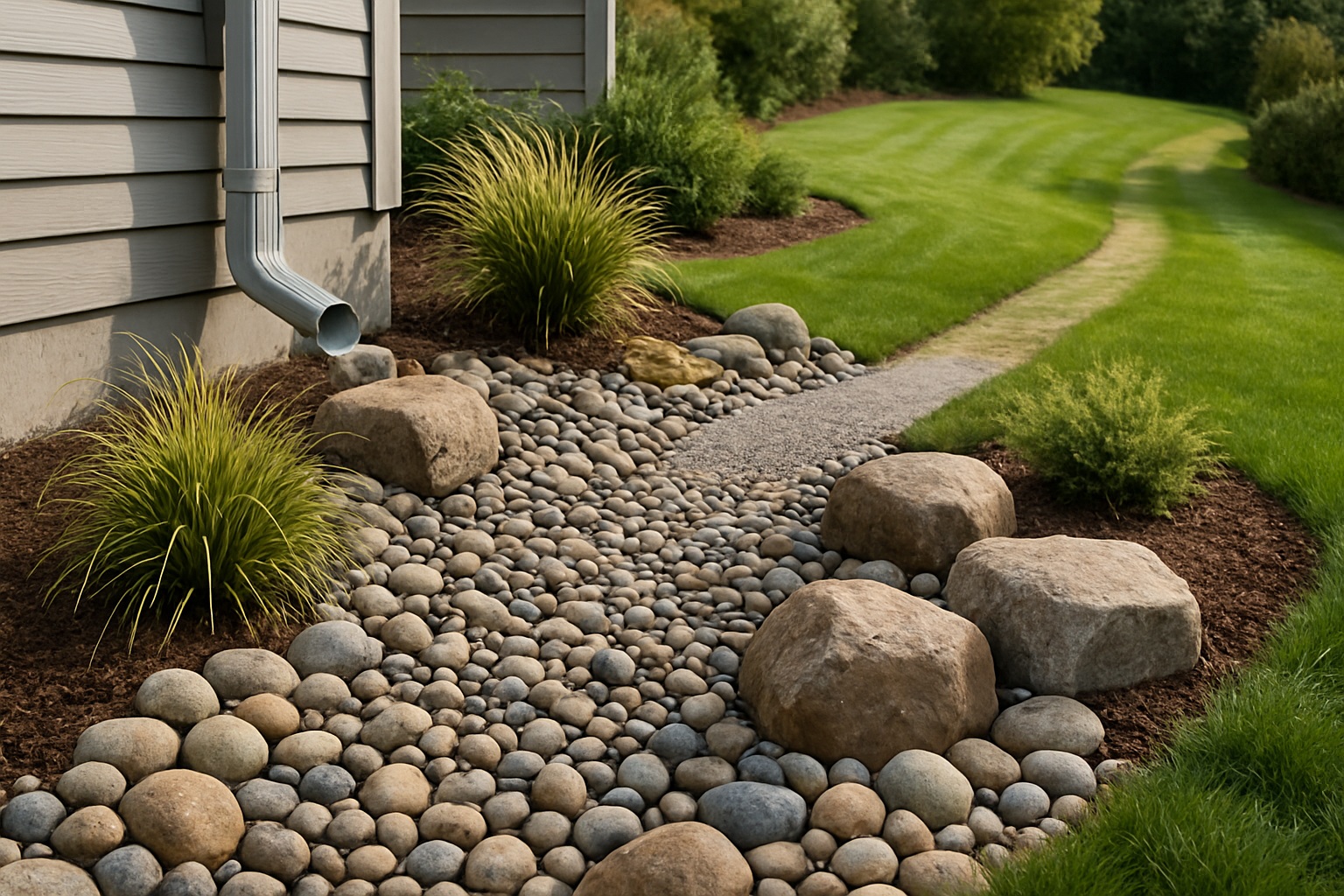 Close-up of a professionally installed dry creek bed in a Rochester MN backyard with smooth river rock, larger fieldstone accents, ornamental grasses, and water directed from a downspout across a gently sloped lawn