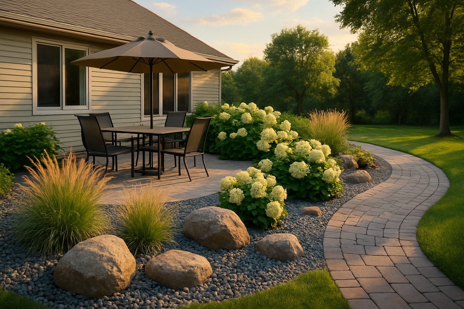 A beautifully landscaped backyard patio in Rochester Minnesota with decorative trap rock beds, natural boulder accents, ornamental grasses, hydrangeas, and a curved stone pathway during warm August evening light