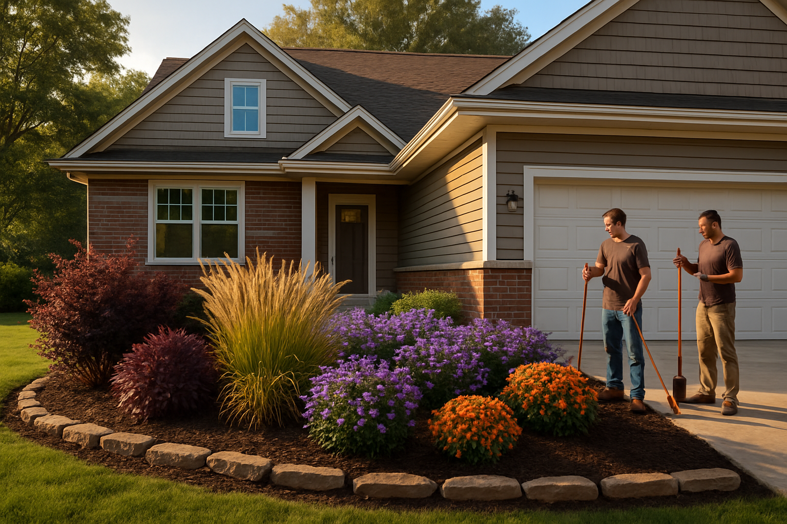 A beautiful Rochester Minnesota home in early September with a freshly installed front yard landscape bed featuring burgundy ninebark, golden ornamental grasses, purple asters, orange mums, dark mulch, natural stone edging, and warm late-afternoon sunlight
