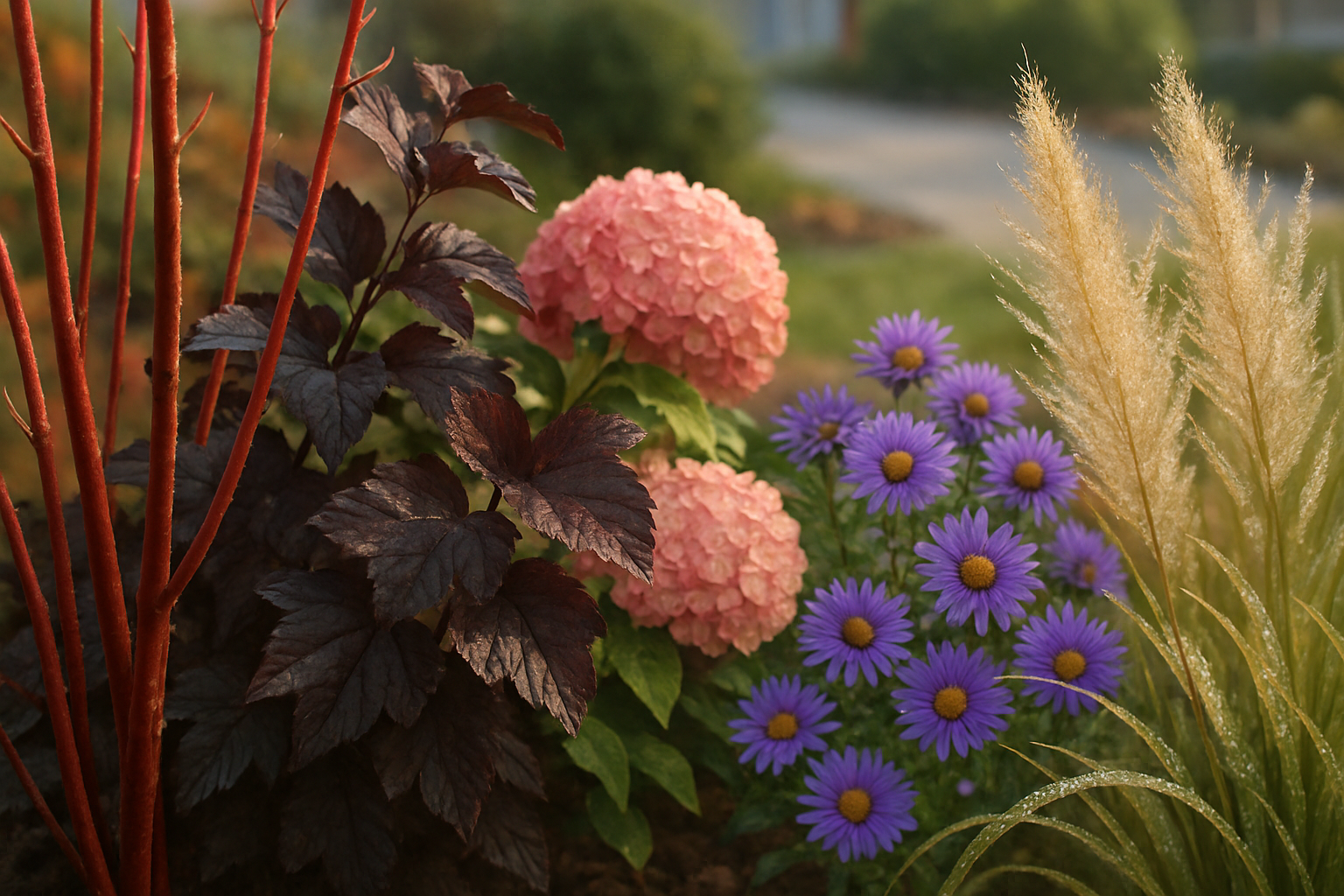 Close-up landscape design scene showing fall shrubs and perennials in a Rochester MN garden bed, including red-twig dogwood stems, burgundy ninebark leaves, pink hydrangea blooms, purple asters, and tan ornamental grass plumes with morning dew