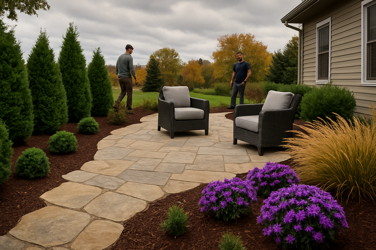 A professionally installed backyard patio landscape in Rochester Minnesota during September, featuring natural stone, evergreen shrubs, golden ornamental grasses, purple fall flowers, mulch beds, and comfortable outdoor seating under a cloudy autumn sky