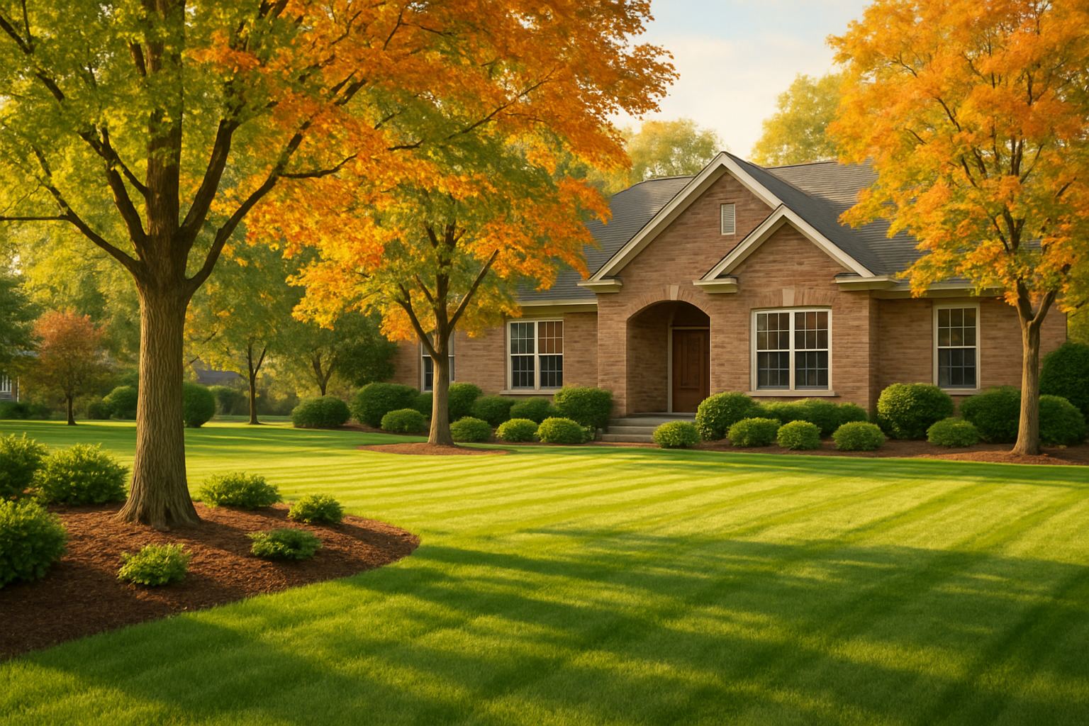 A well-maintained residential lawn in Rochester Minnesota in early September, with fresh green grass, mature shade trees beginning to show hints of fall color, tidy landscape beds with mulch, and a brick home in the background under soft golden afternoon light