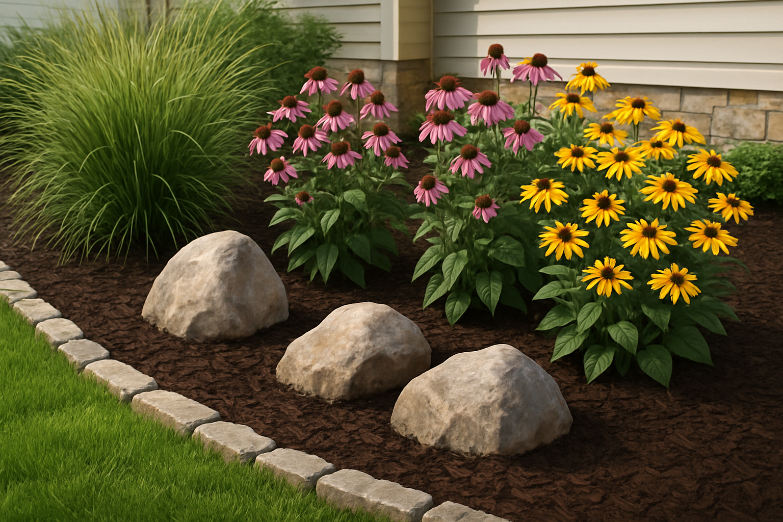 Close-up of a Rochester MN front yard landscape bed in September, featuring fresh dark hardwood mulch, ornamental grasses, purple coneflowers, black-eyed Susans, decorative boulders, and a clean natural stone edging along a green lawn