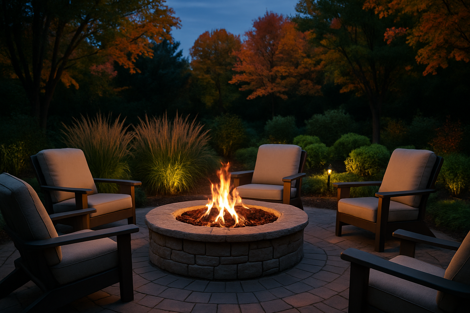 A cozy backyard patio in Rochester Minnesota during September evening, with a stone fire pit, comfortable outdoor chairs, low-voltage landscape lighting, surrounding ornamental grasses and shrubs, and autumn leaves beginning to turn in the background