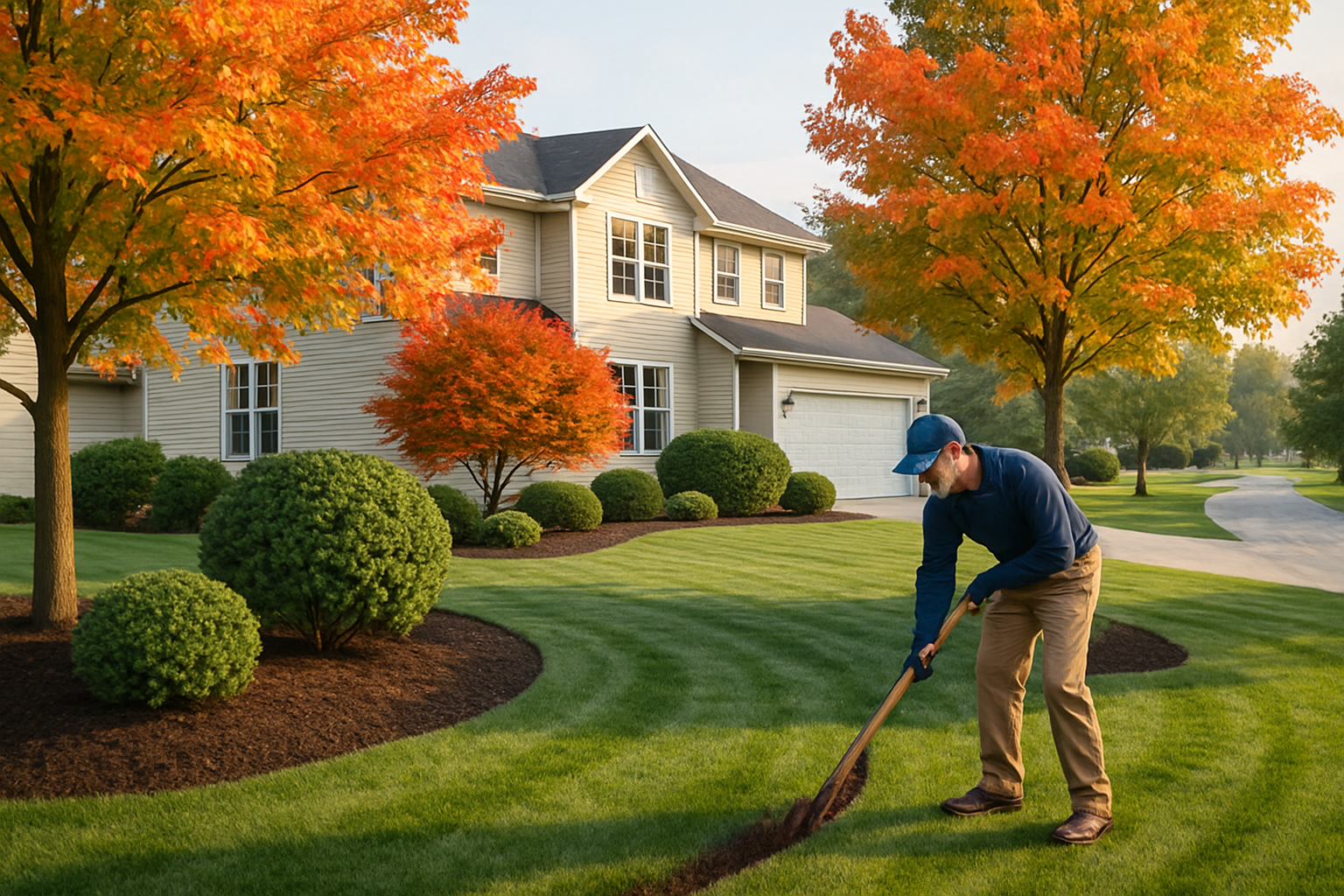 A crisp September residential landscape in Rochester Minnesota with freshly edged garden beds, green lawn, early fall color in maple trees, clean mulch lines around shrubs, soft morning light, and a professional finished curb appeal look