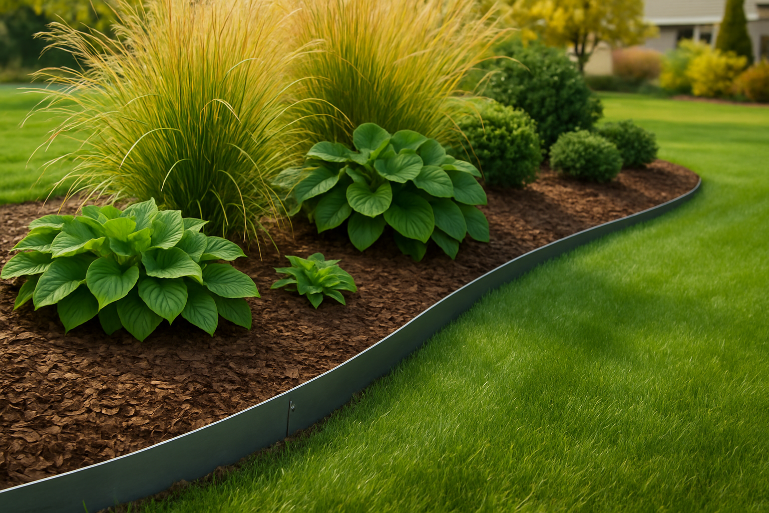 Close-up of professional metal landscape edging installed along a curved mulch bed beside a lush green lawn in early fall, with ornamental grasses, hostas, and small shrubs in a Rochester Minnesota suburban yard