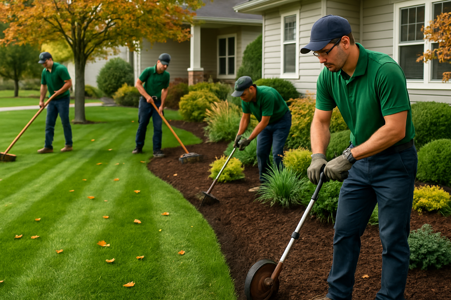 A landscape crew from a professional lawn and landscape company edging a front yard garden bed in Rochester Minnesota during September, with tools, fresh mulch, tidy lawn stripes, and autumn leaves beginning to appear