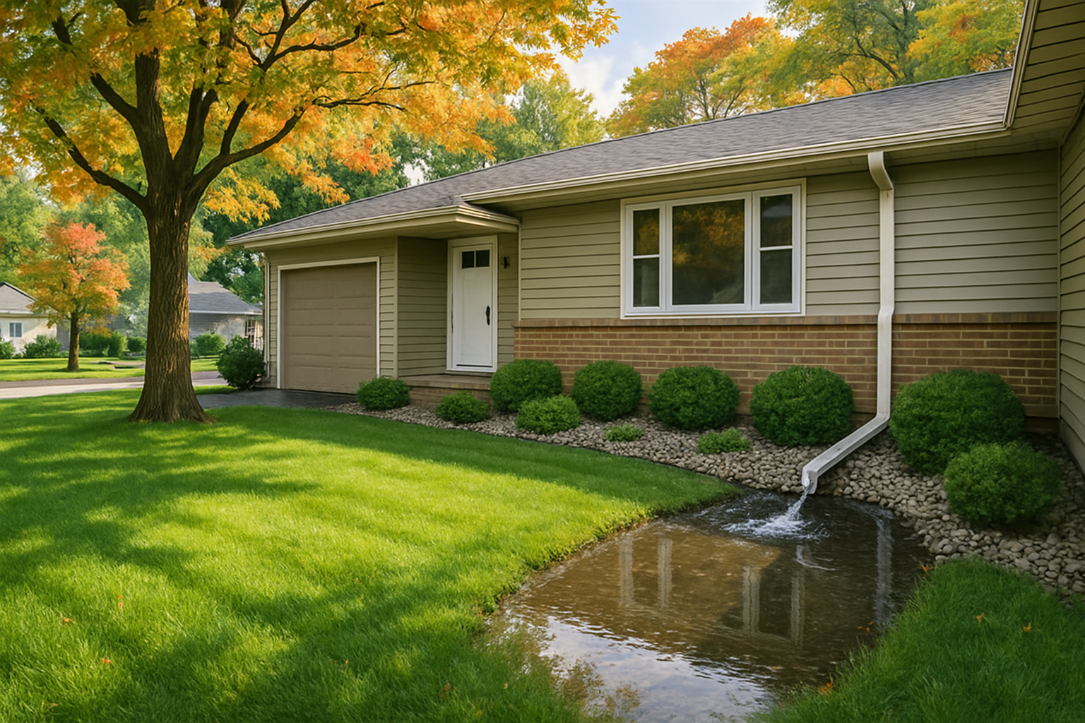 A Rochester Minnesota residential front yard in early September with green lawn, mature shade trees beginning to show hints of fall color, a landscaped foundation bed with decorative rock, and visible rainwater pooling near a downspout after a light rainstorm