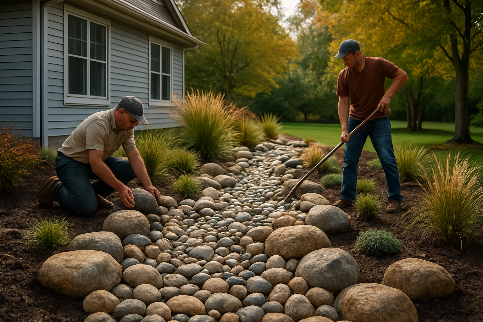 A professionally installed decorative dry creek bed in a Rochester MN backyard landscape, using smooth river rock, boulders, and native ornamental grasses to guide rainwater away from the home, with early autumn light and damp soil after rain