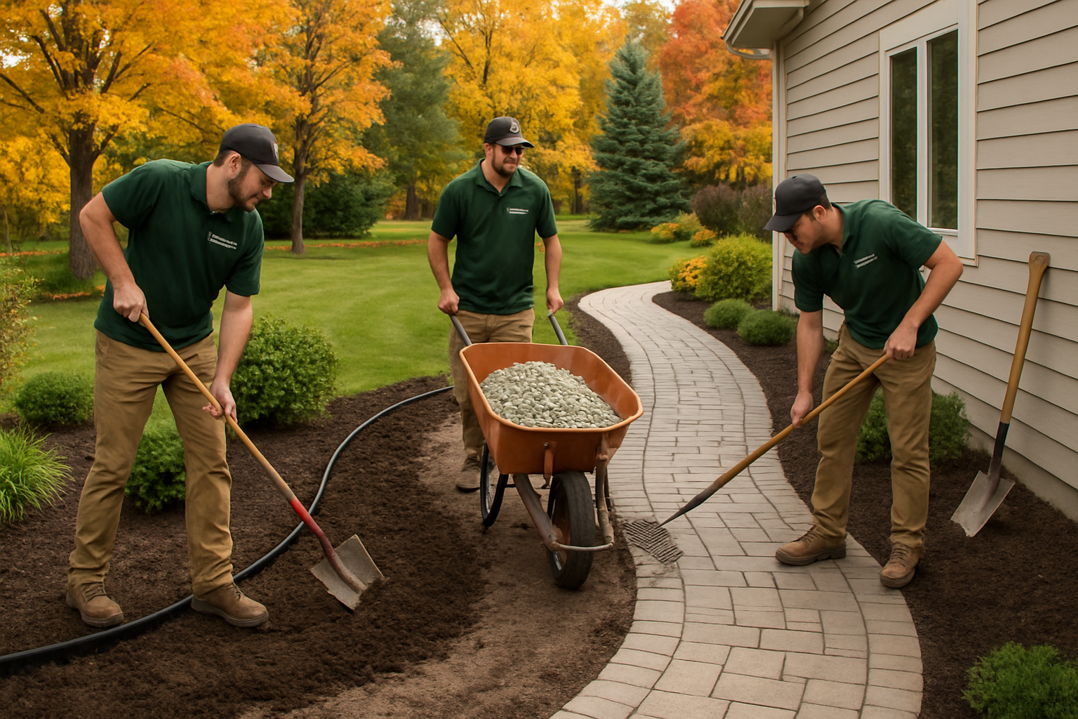 A Distinctive Lawn and Landscape crew working in September on a Rochester Minnesota property, installing drainage stone and regrading soil beside a paver walkway, with tools, wheelbarrow, neat landscape edging, and fall trees in the background
