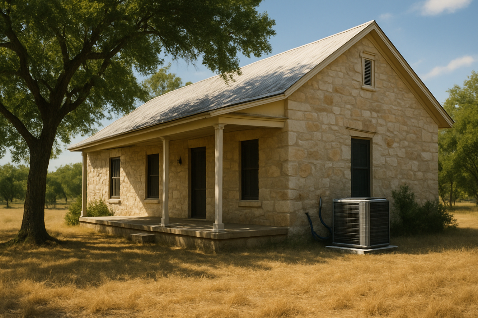 A bright August afternoon in Boerne Texas showing an older limestone Hill Country home with a shaded porch, dry summer grass, and an outdoor air conditioning condenser unit running beside the house