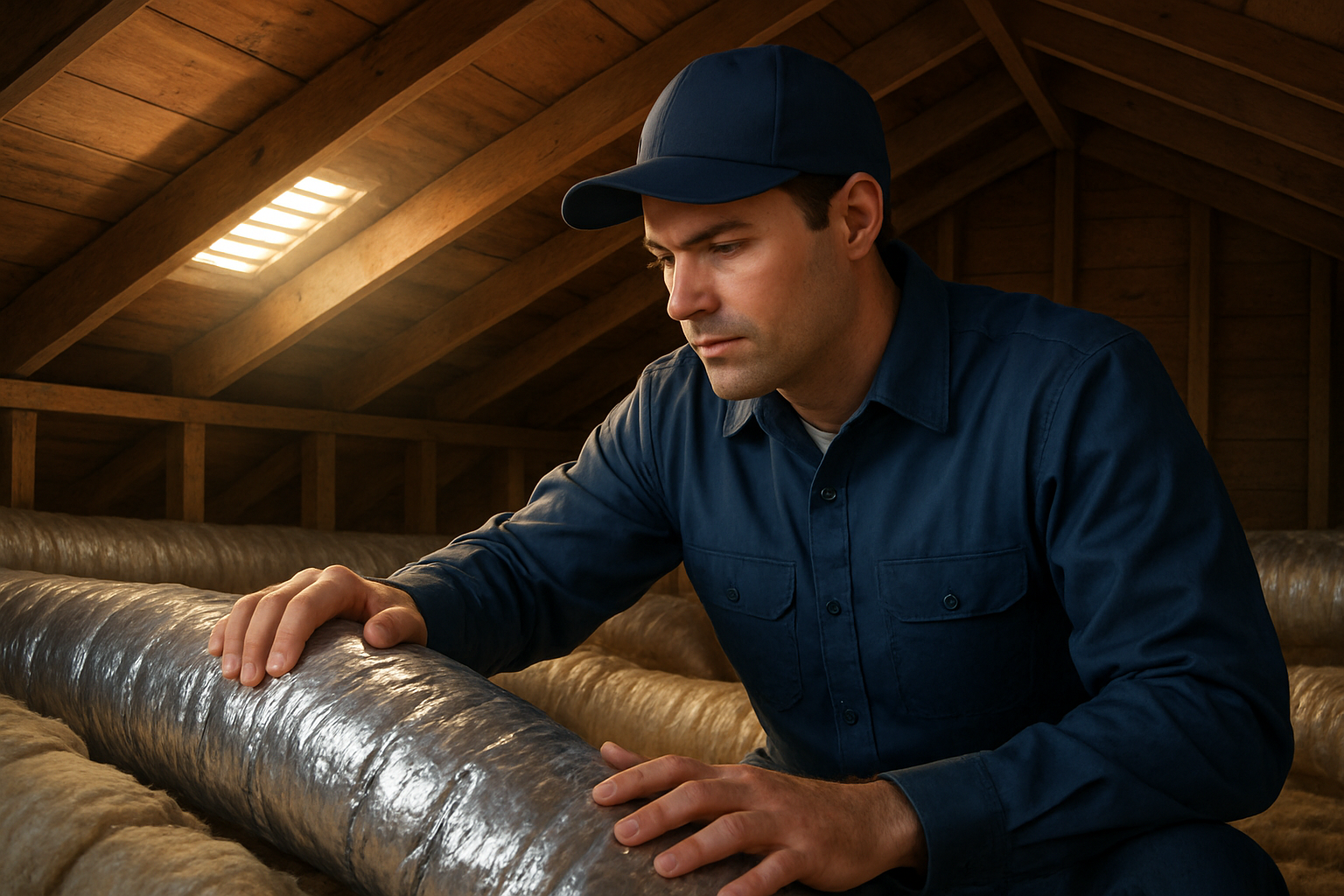 An HVAC technician in a clean uniform inspecting flexible ductwork and insulation in the attic of an older Texas home, with warm sunlight filtering through roof vents