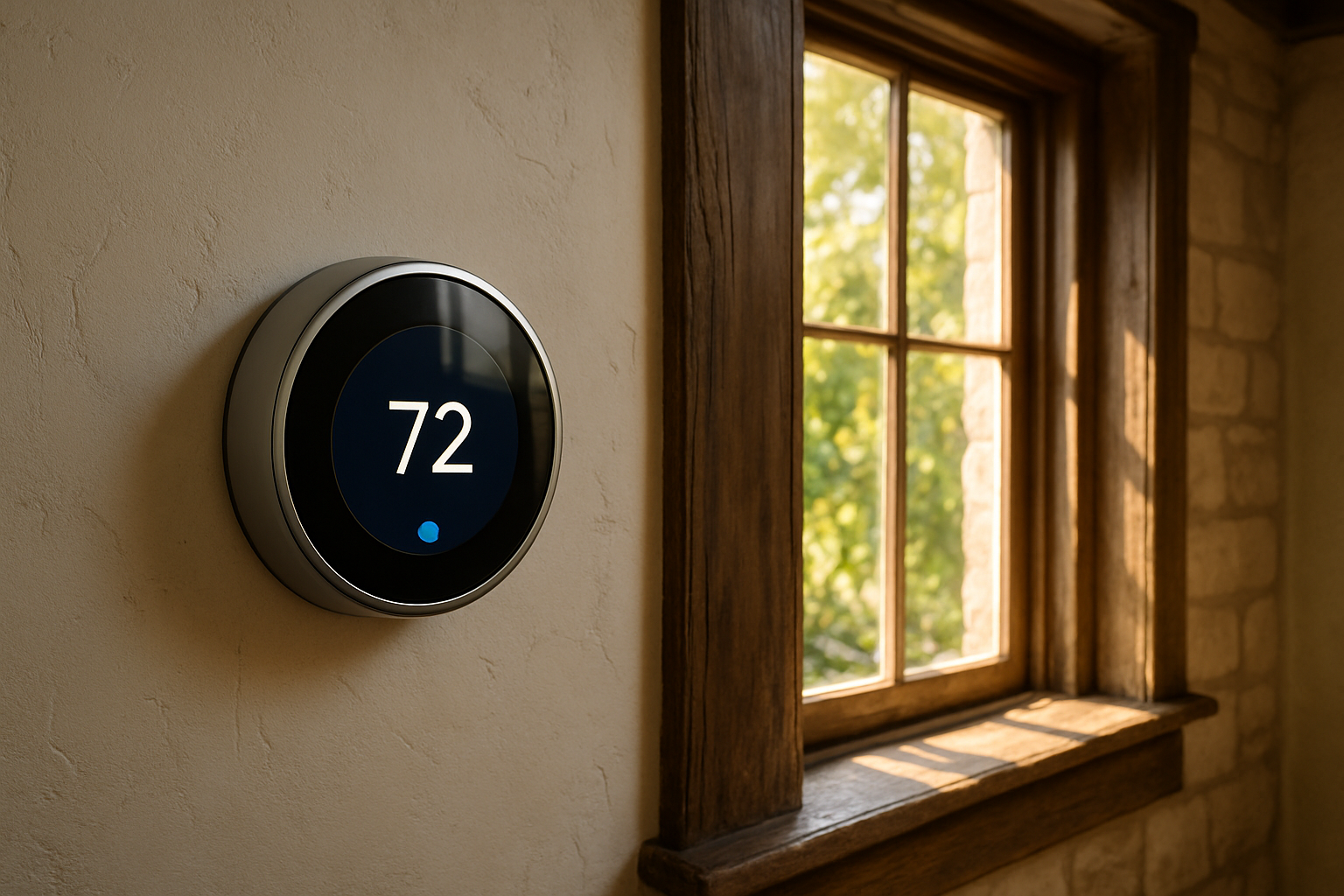 A modern smart thermostat on the wall inside an older but well-kept Boerne home, displaying a cool indoor temperature while summer sunlight shines through a nearby window