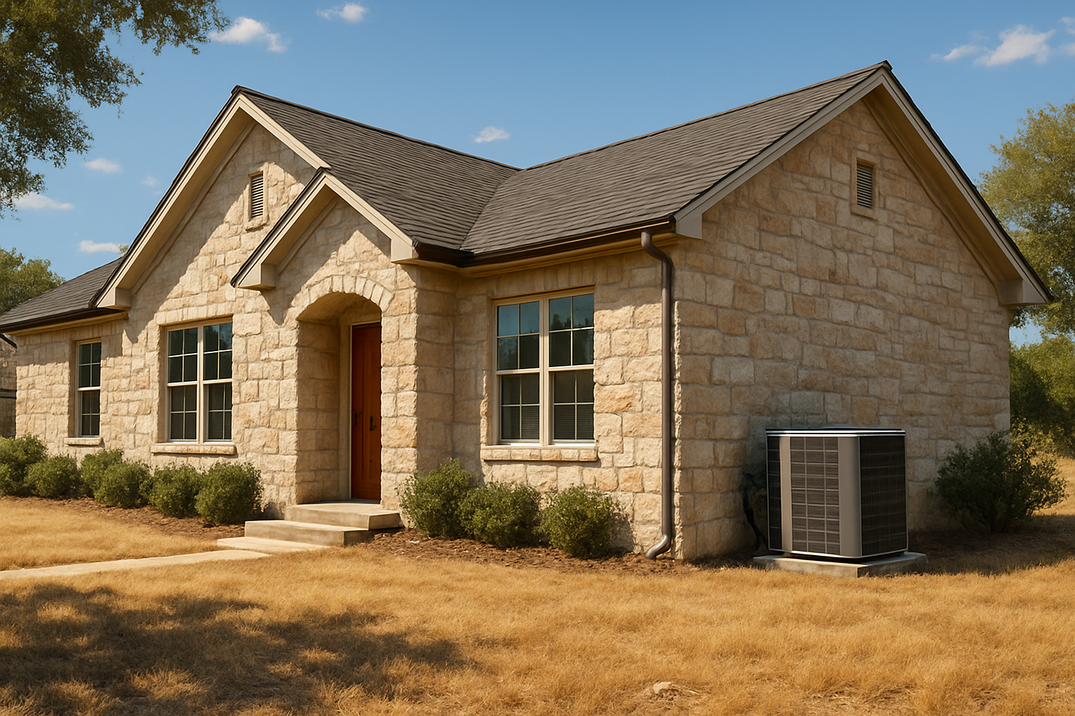 A bright August afternoon in Boerne Texas showing a well-kept Hill Country home with limestone exterior, strong sunlight, dry grass, and an outdoor air conditioning condenser unit beside the house