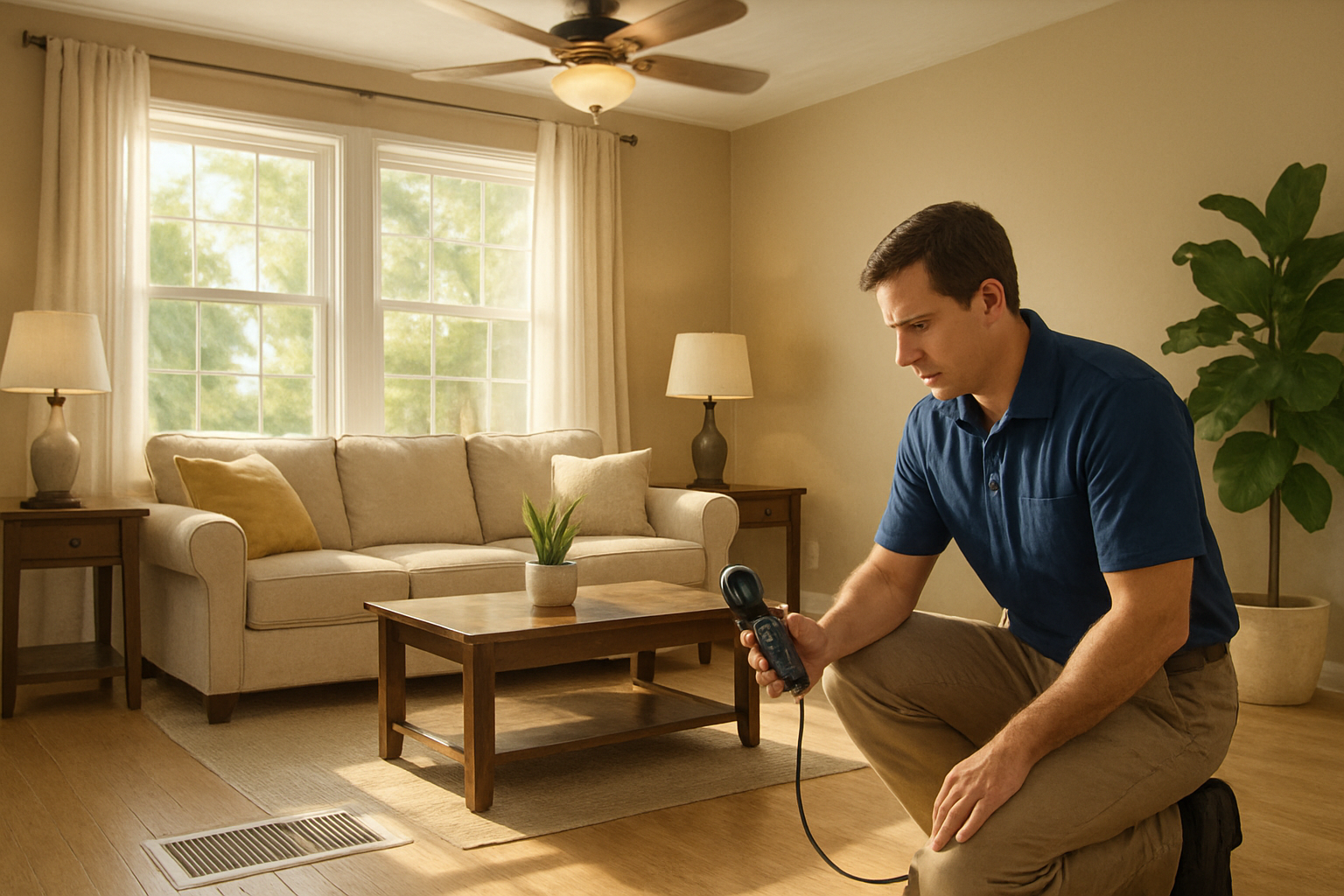 Interior of a comfortable Boerne Texas living room during summer with sunlight coming through windows, ceiling fan spinning, clean floor vent visible, and an HVAC technician inspecting airflow at a supply register