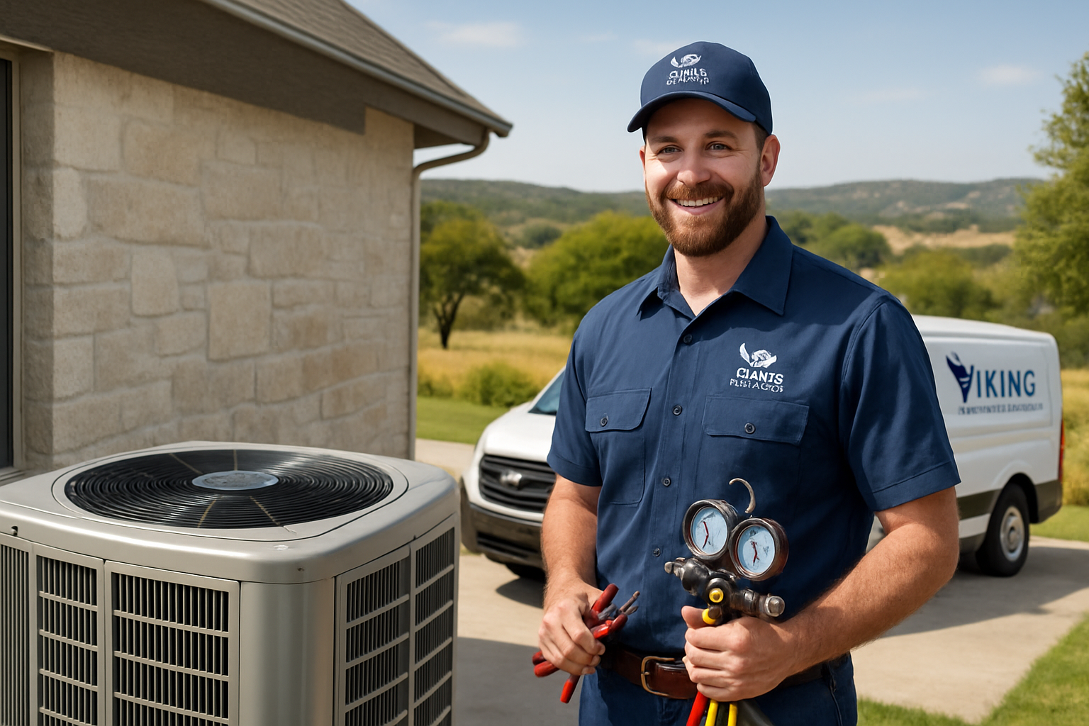Friendly Viking Climate Control HVAC technician in uniform standing beside a residential outdoor AC unit in Boerne Texas, holding service tools, with a clean service van in the driveway and late summer Hill Country landscape in the background
