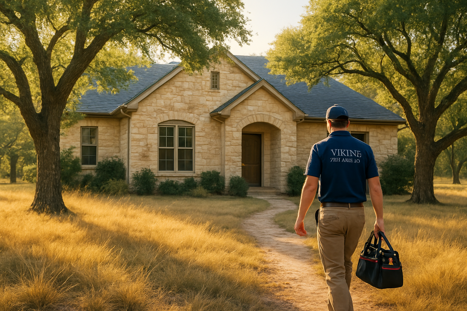 A bright early fall morning in Boerne, Texas with a limestone Hill Country home, mature oak trees, golden grass, and an HVAC technician from Viking Climate Control walking toward the front door carrying a tool bag