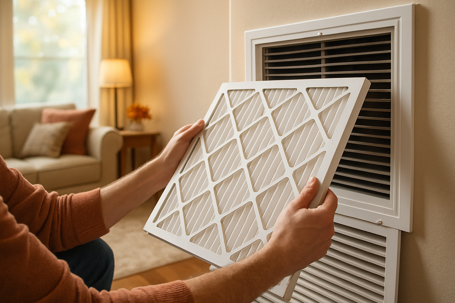 Close-up of a homeowner replacing a pleated HVAC air filter in a clean return air grille inside a comfortable Boerne living room with warm natural light and subtle fall decor