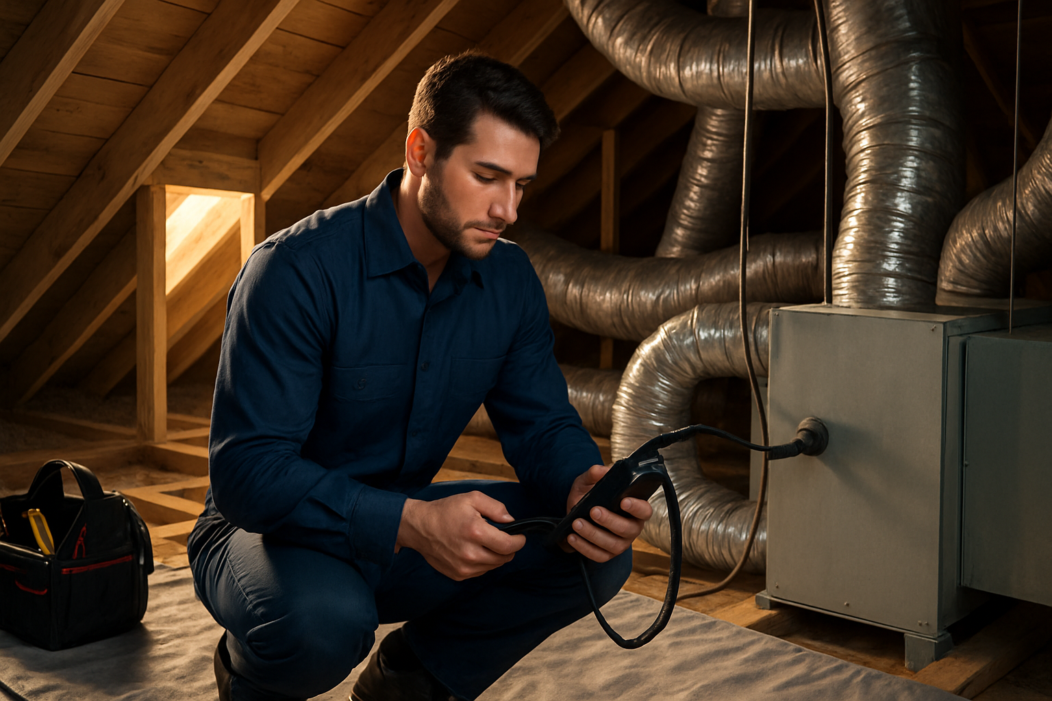 Professional HVAC technician inspecting indoor air quality equipment and ductwork in a clean attic space of a Boerne, TX home, with protective flooring, tools, and warm light from an attic access opening