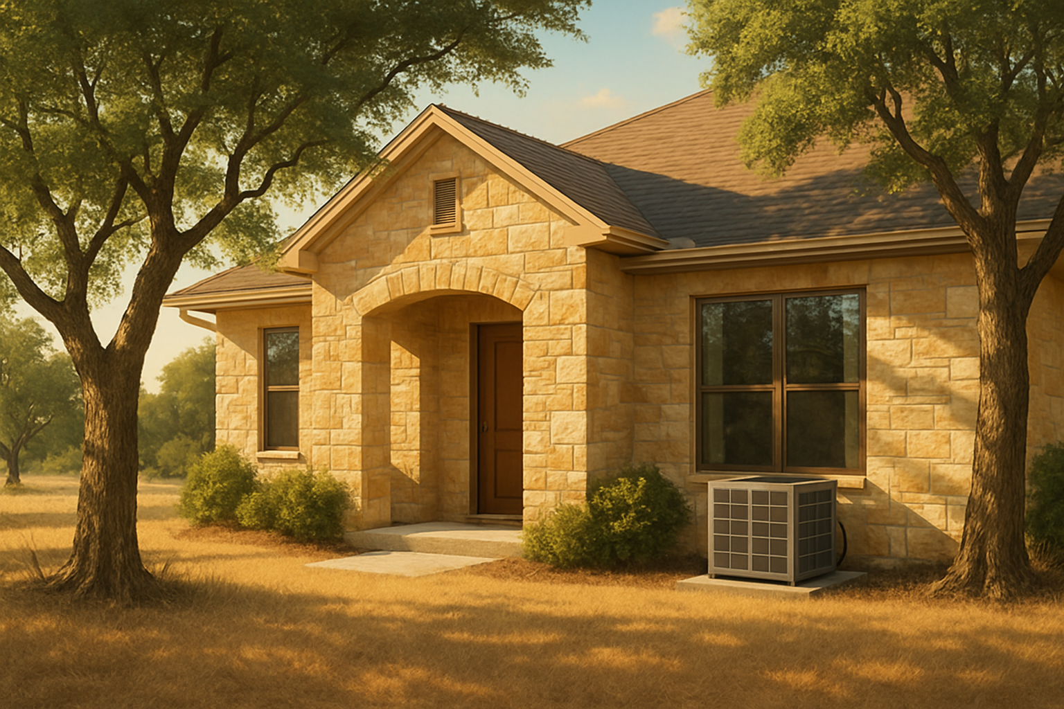 A bright late-summer afternoon in Boerne, Texas, showing a comfortable Hill Country home with limestone exterior, live oak trees, dry grass, and warm golden sunlight, with an outdoor HVAC unit positioned neatly beside the house