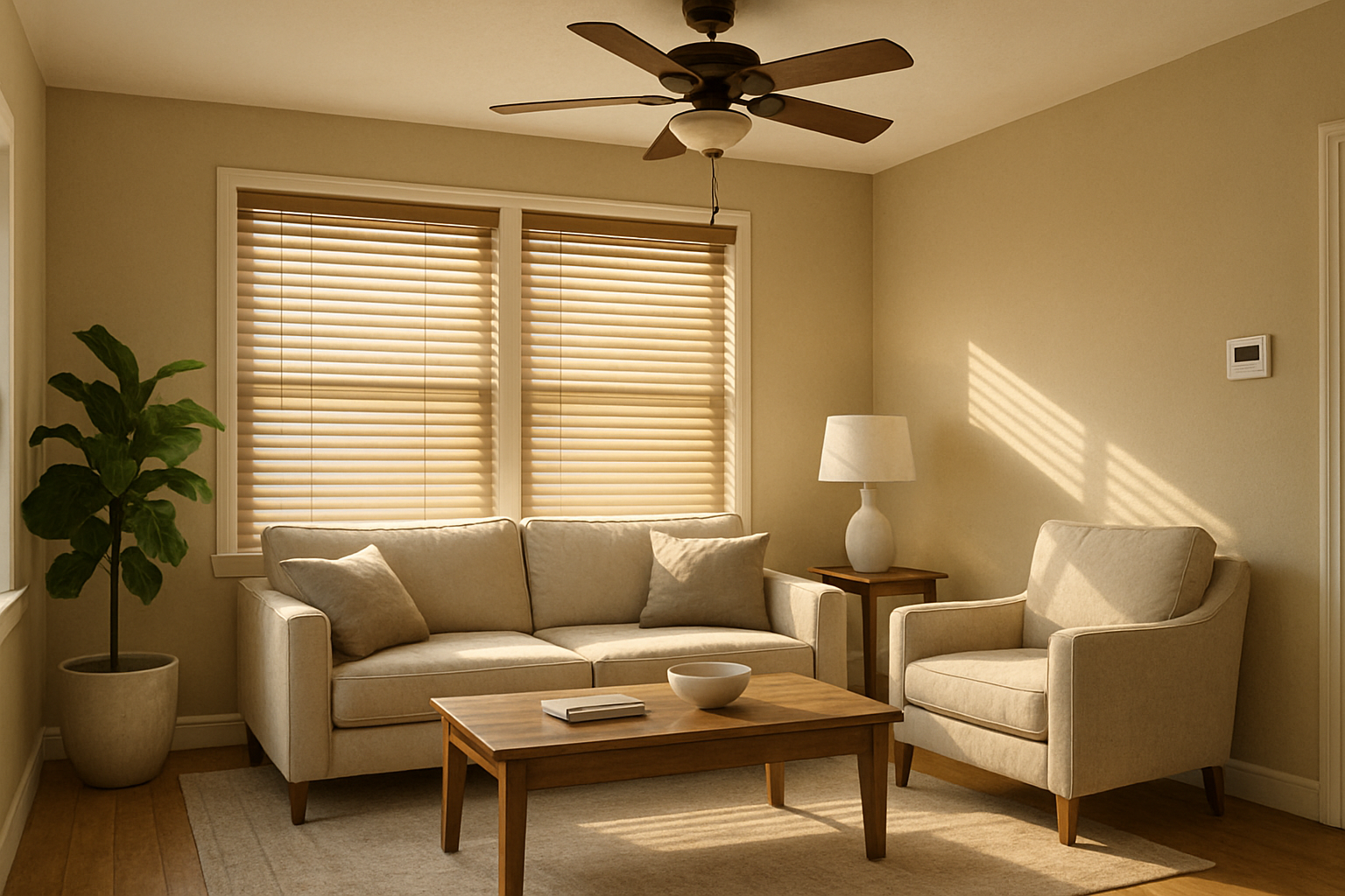 Interior of a clean, comfortable Boerne living room during late summer, with sunlight filtered through closed blinds, a ceiling fan spinning, neutral furniture, and an HVAC thermostat visible on the wall