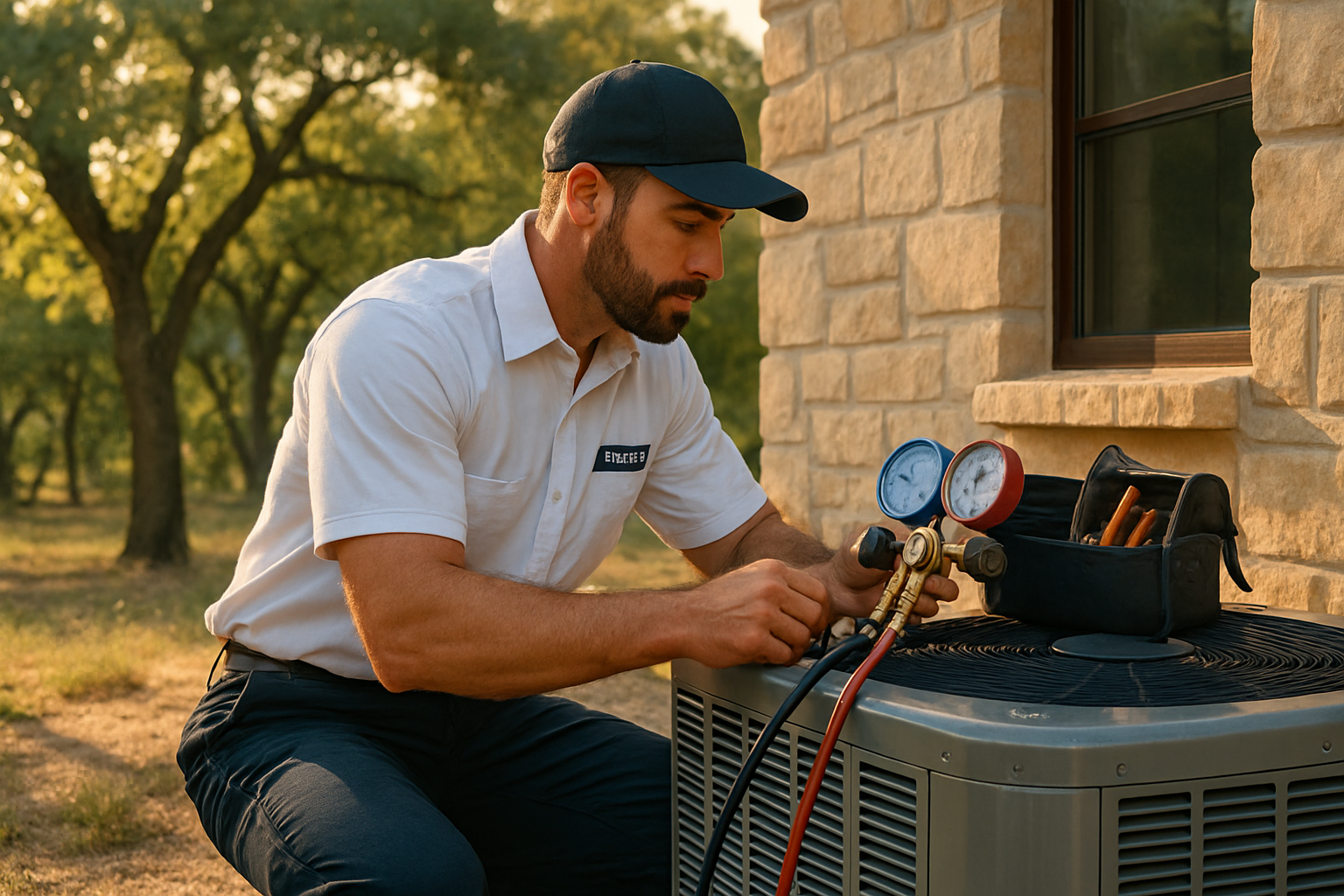 A professional HVAC technician from Viking Climate Control inspecting an outdoor air conditioning unit beside a Hill Country home in Boerne, Texas, wearing a clean uniform, using gauges and tools, with late-summer sunlight and oak trees in the background
