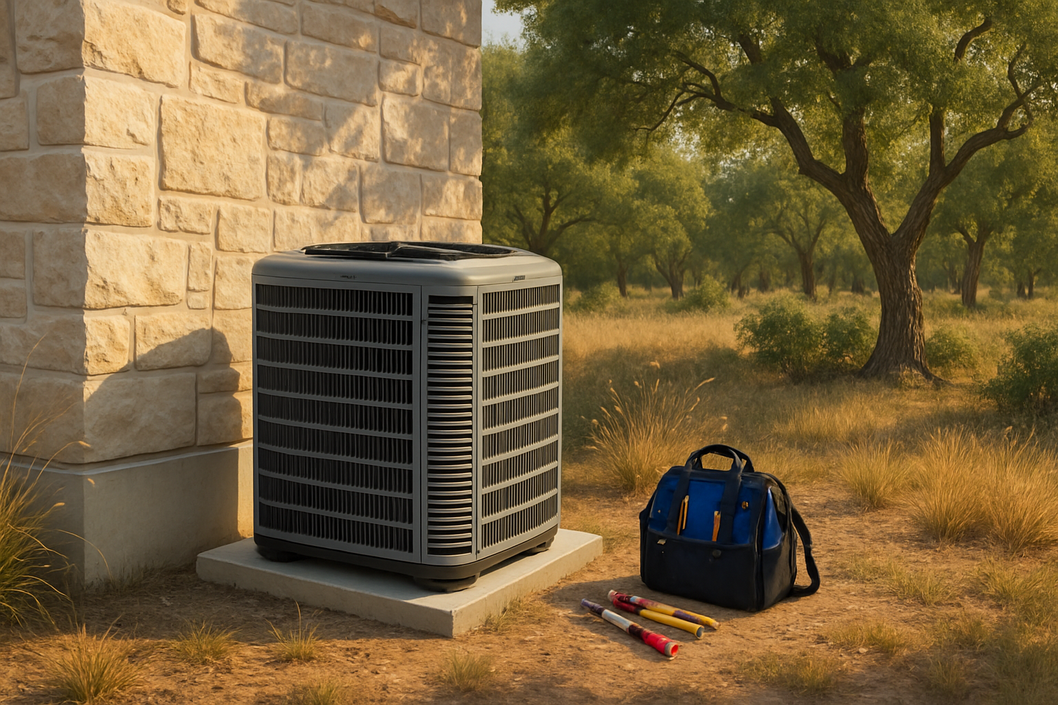 A clean residential HVAC outdoor condenser unit beside a limestone Hill Country home in Boerne Texas, late September afternoon light, native grasses and live oak trees nearby, technician tools neatly placed on the ground, realistic warm suburban setting