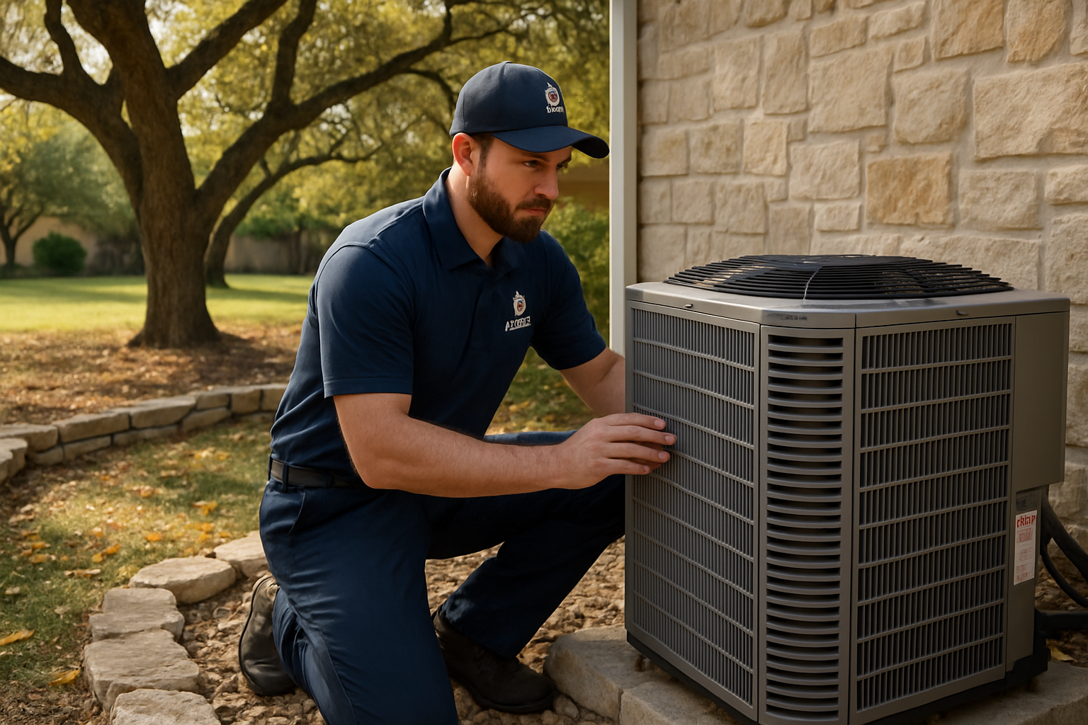 A Viking Climate Control HVAC technician in uniform inspecting an outdoor air conditioning condenser coil at a residential home in Boerne Texas, with live oak trees, limestone landscaping, and early fall leaves in the background, realistic service visit scene