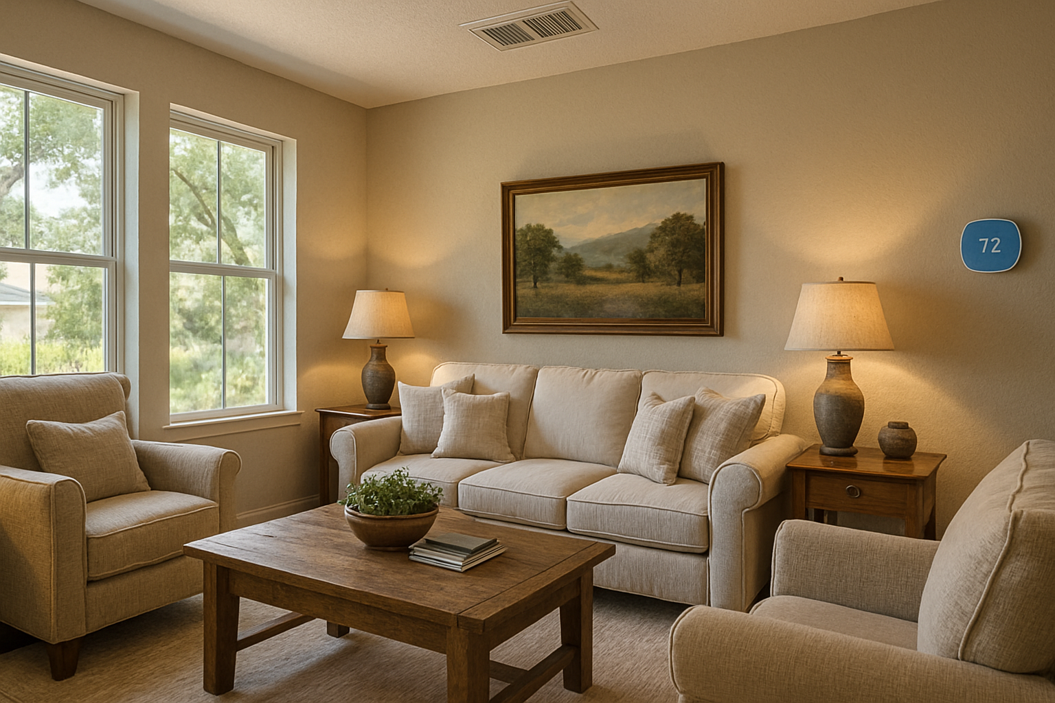 Comfortable residential living room in Boerne Texas during September, soft natural light through windows, smart thermostat on wall displaying cool indoor temperature, family-friendly interior with Hill Country style decor and an HVAC vent visible