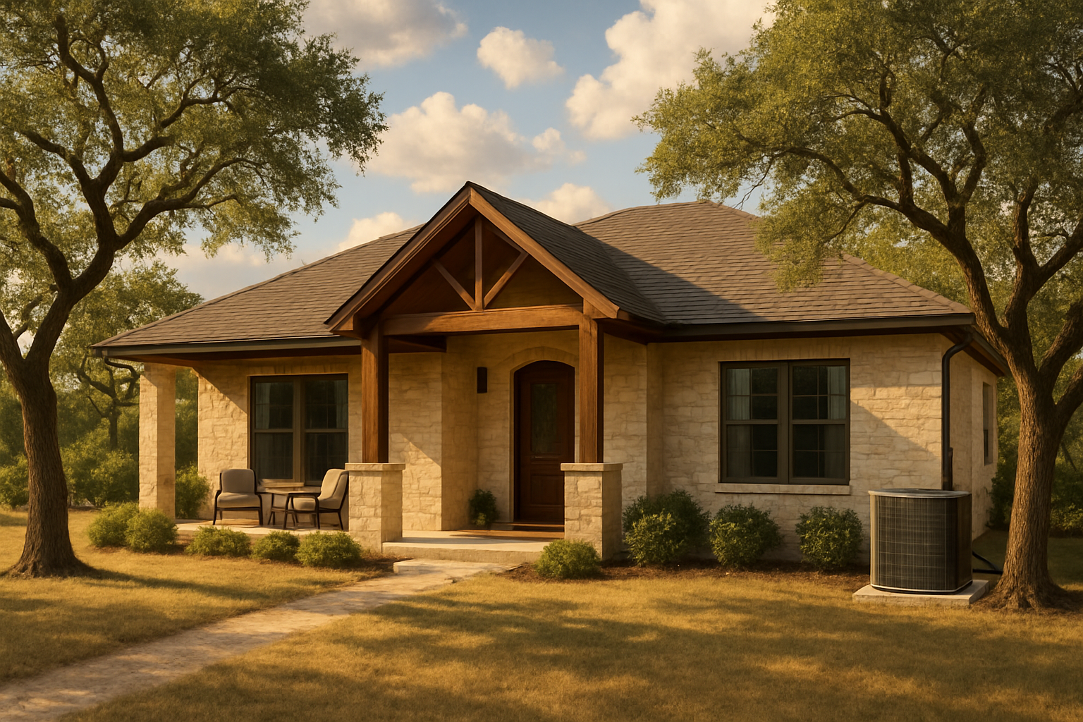 A comfortable Hill Country home exterior in Boerne Texas in early September, with live oak trees, warm afternoon light, partly cloudy sky, and an HVAC condenser unit visible beside the house