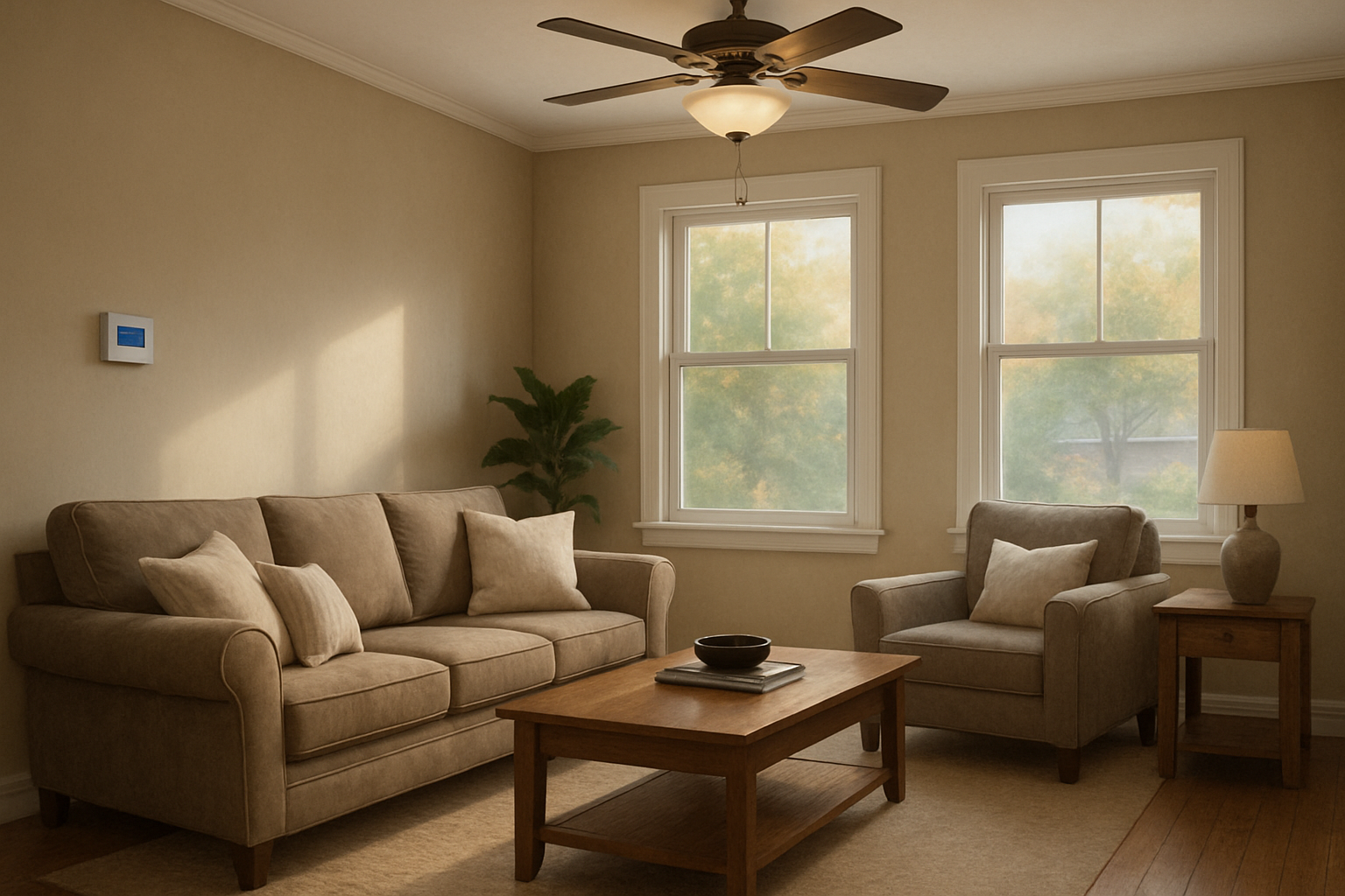 Interior living room of a Boerne Texas home in early fall, family room with thermostat on wall, soft natural light, ceiling fan, and a subtle feeling of warm humid weather outside the windows