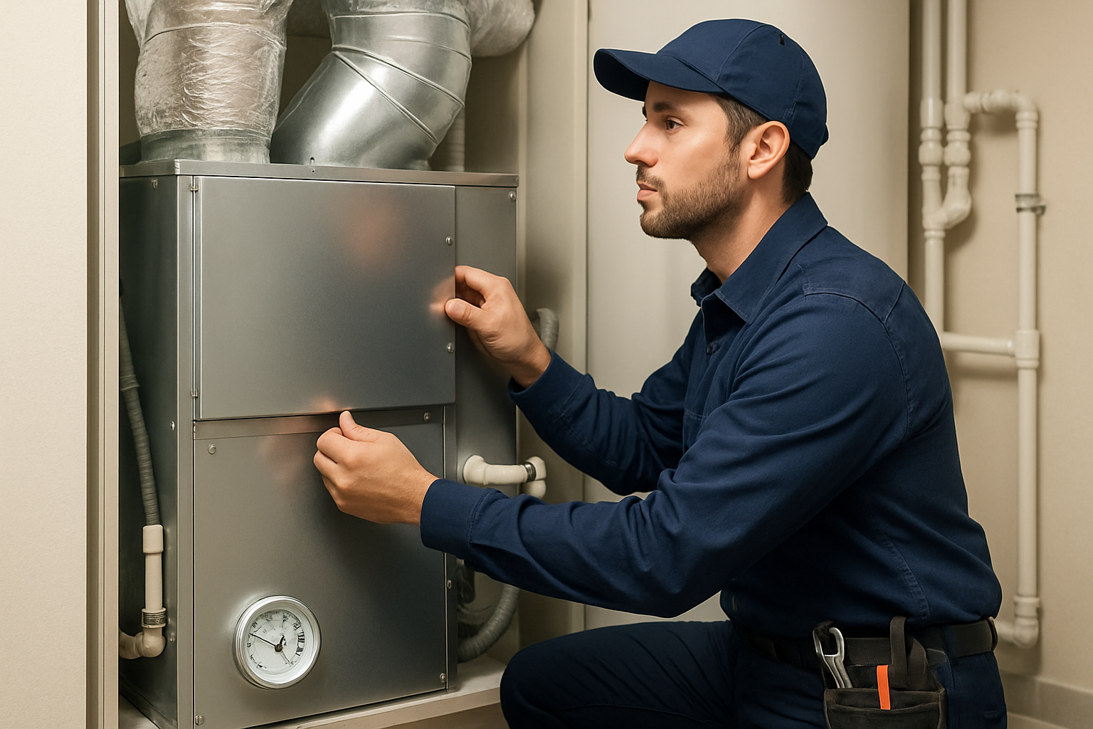 Professional HVAC technician from Viking Climate Control inspecting an indoor air handler in a clean utility closet, wearing work uniform, tools nearby, with focus on maintenance and humidity control