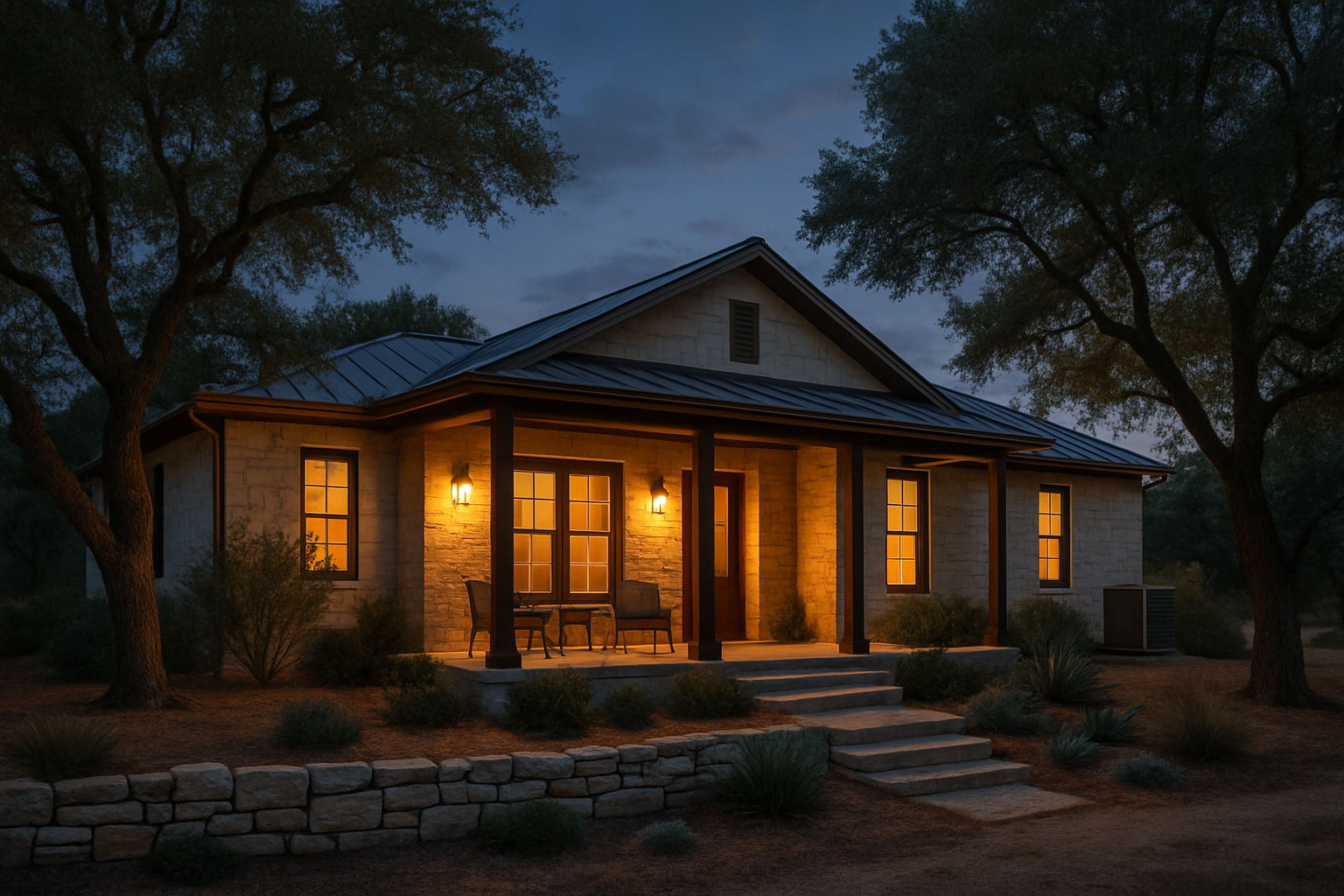 A cozy Boerne Texas home in the Hill Country at dusk in October, warm porch lights glowing, oak trees and limestone landscaping in the yard, cool evening sky, subtle HVAC unit visible beside the house