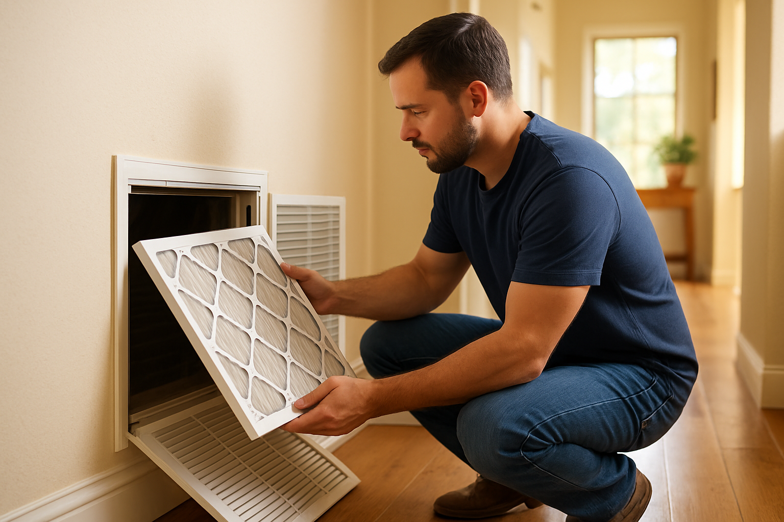 Close-up of a homeowner replacing a clean HVAC air filter in a hallway return vent inside a bright Texas Hill Country home, with warm natural light and a neat interior