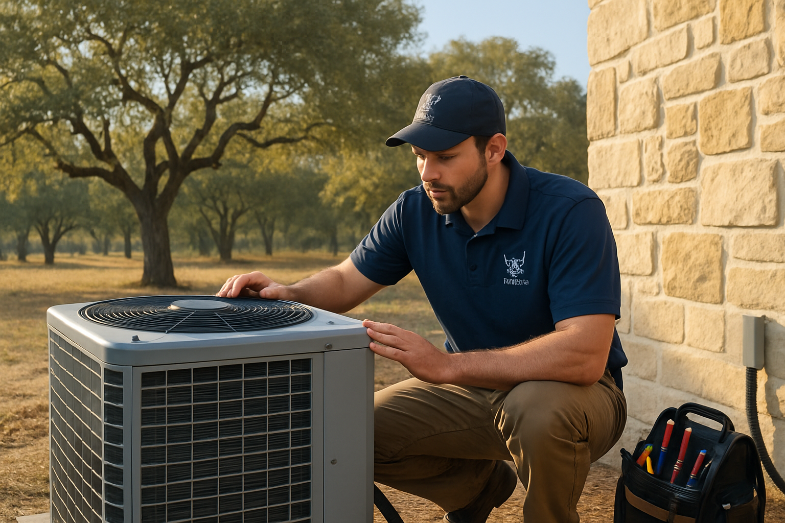 Professional HVAC technician from Viking Climate Control inspecting an outdoor heat pump unit beside a limestone Boerne Texas home on a clear October morning, wearing uniform, tools nearby, live oak trees in background