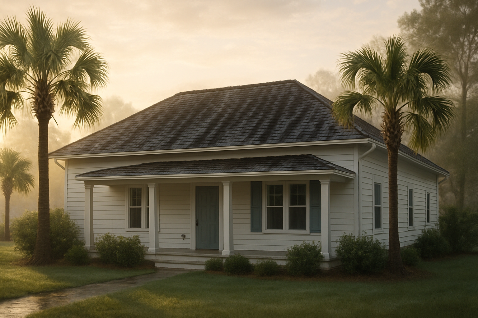 A humid July morning in Freeport Florida showing a single-story coastal home with dark algae streaks on a shingle roof, palm trees nearby, damp grass, and soft early sunlight after an overnight rain