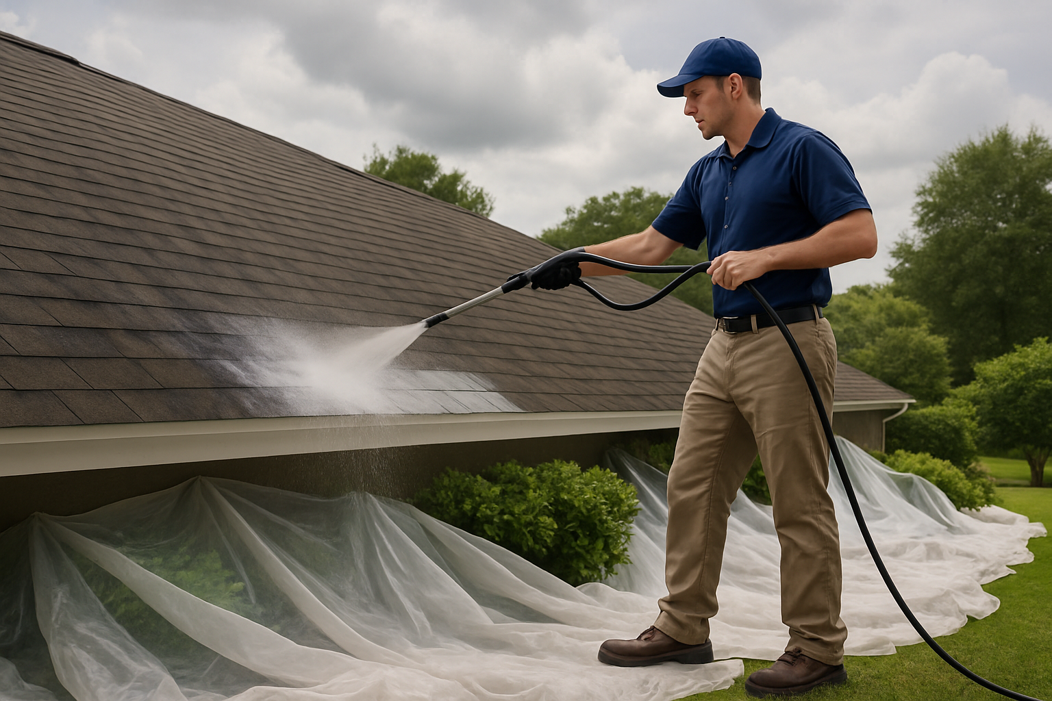 Professional roof cleaning technician in Freeport Florida applying a soft wash treatment to a stained asphalt shingle roof, with protective landscaping coverings, cloudy summer sky, and humid July conditions visible