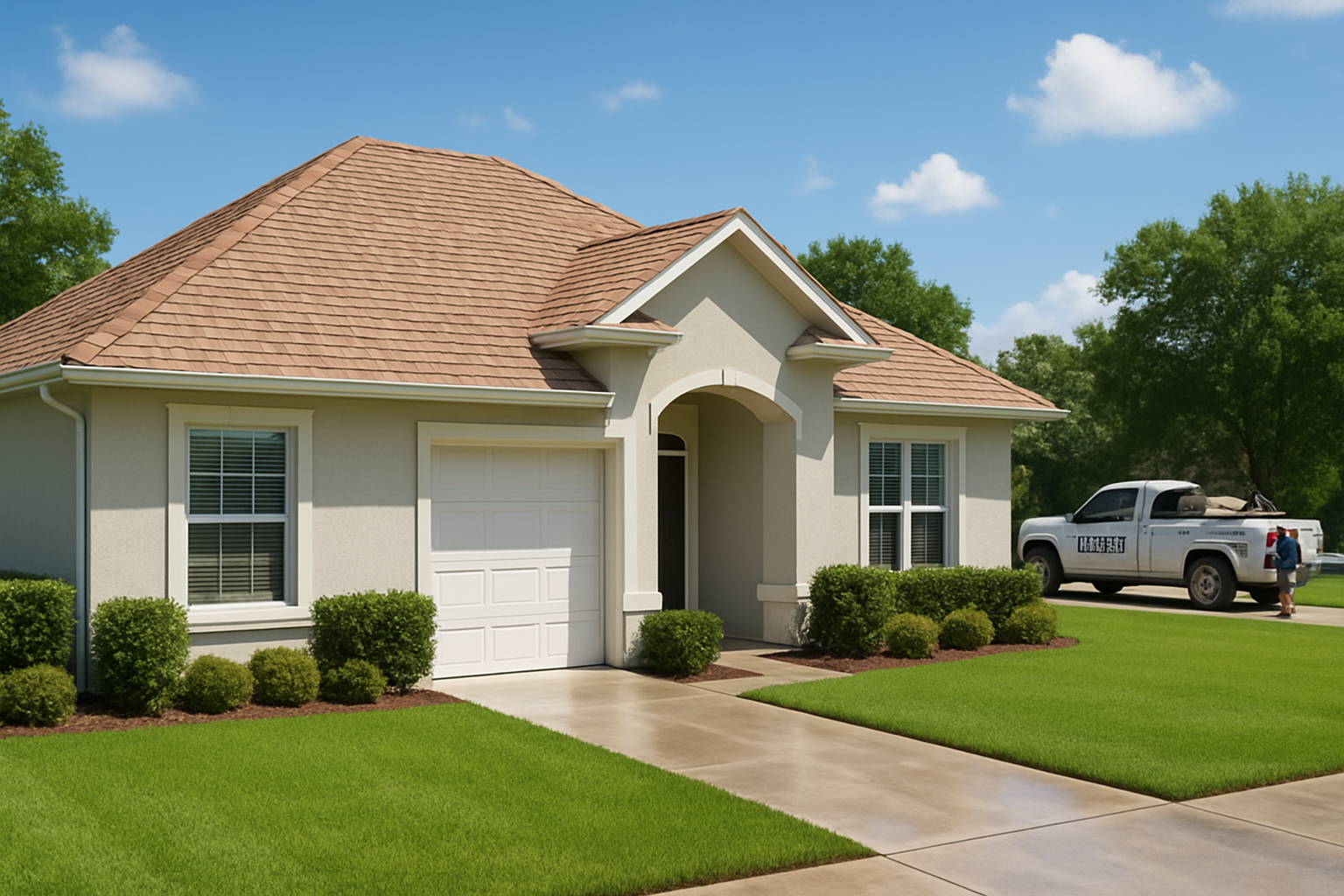 Freshly soft-washed roof on a clean Freeport Florida home after professional cleaning, bright summer sky, lush green lawn, driveway rinsed clean, and a Classic Touch Pressure Washing service truck in the background