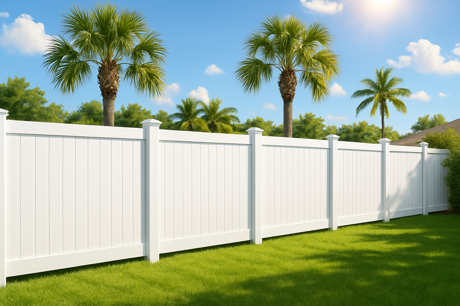 A clean white vinyl fence in a Freeport Florida residential yard after professional washing, with bright green grass, palm trees, blue summer sky, and a sunny August afternoon atmosphere