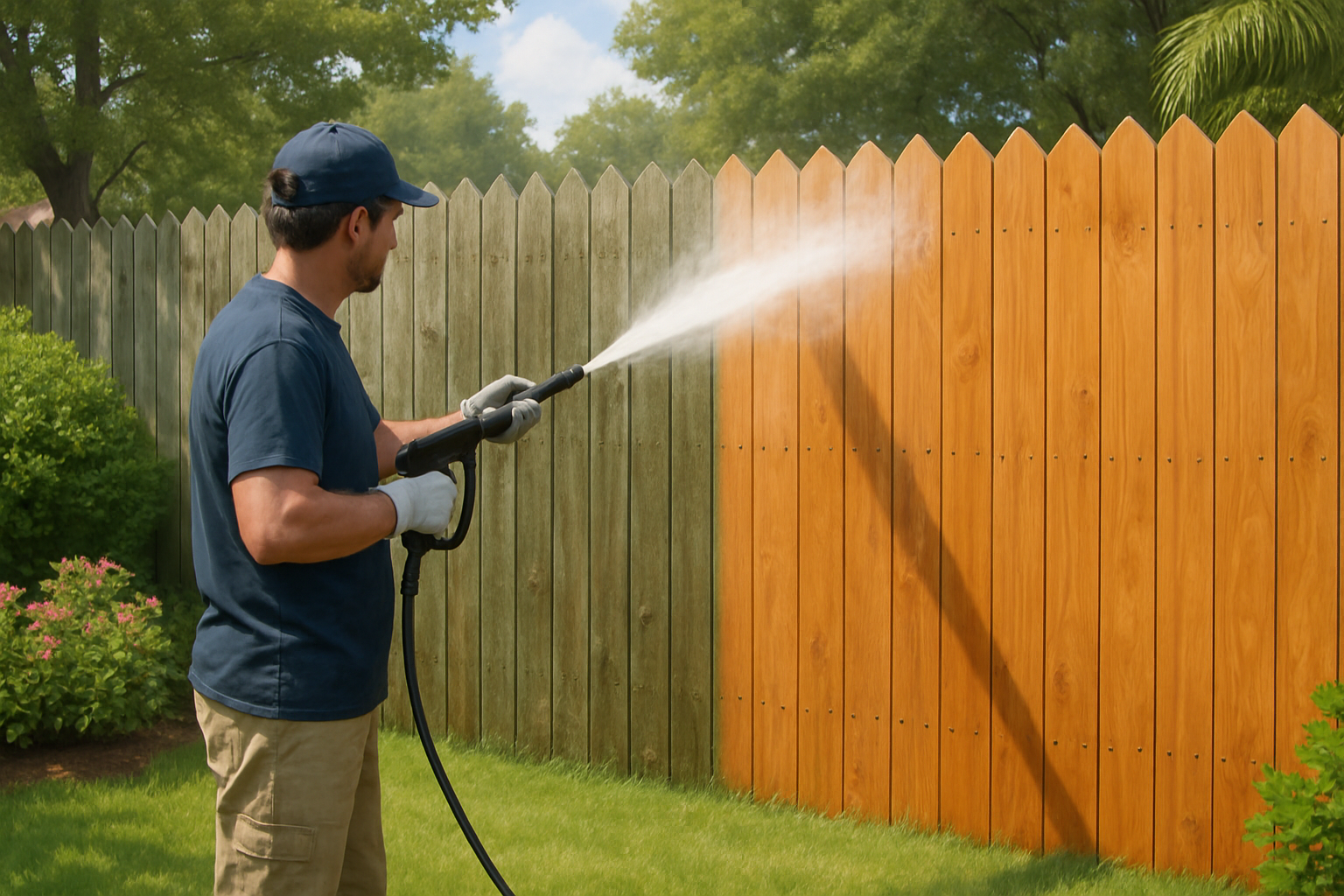 A weathered wooden privacy fence in Freeport Florida being professionally soft washed, with visible contrast between dirty gray-green panels and freshly cleaned warm wood, surrounded by summer landscaping