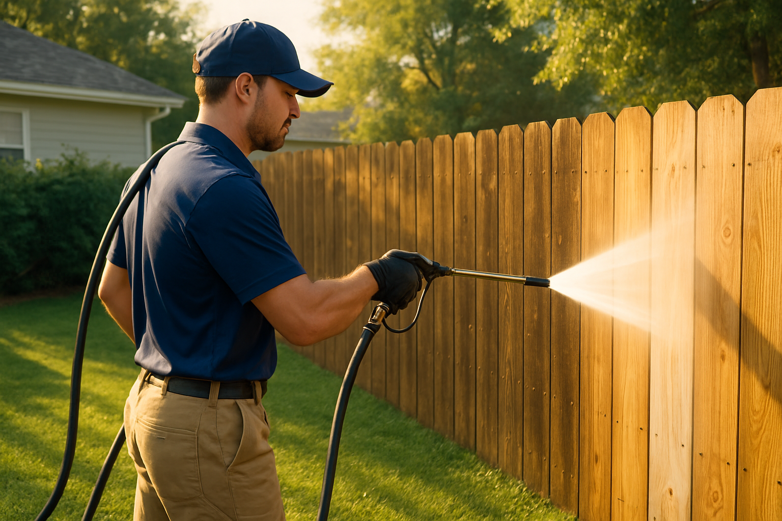 Classic Touch Pressure Washing technician cleaning a residential fence in Freeport Florida during summer, wearing professional work gear, with hose equipment, neat lawn, warm sunlight, and freshly cleaned fence panels visible