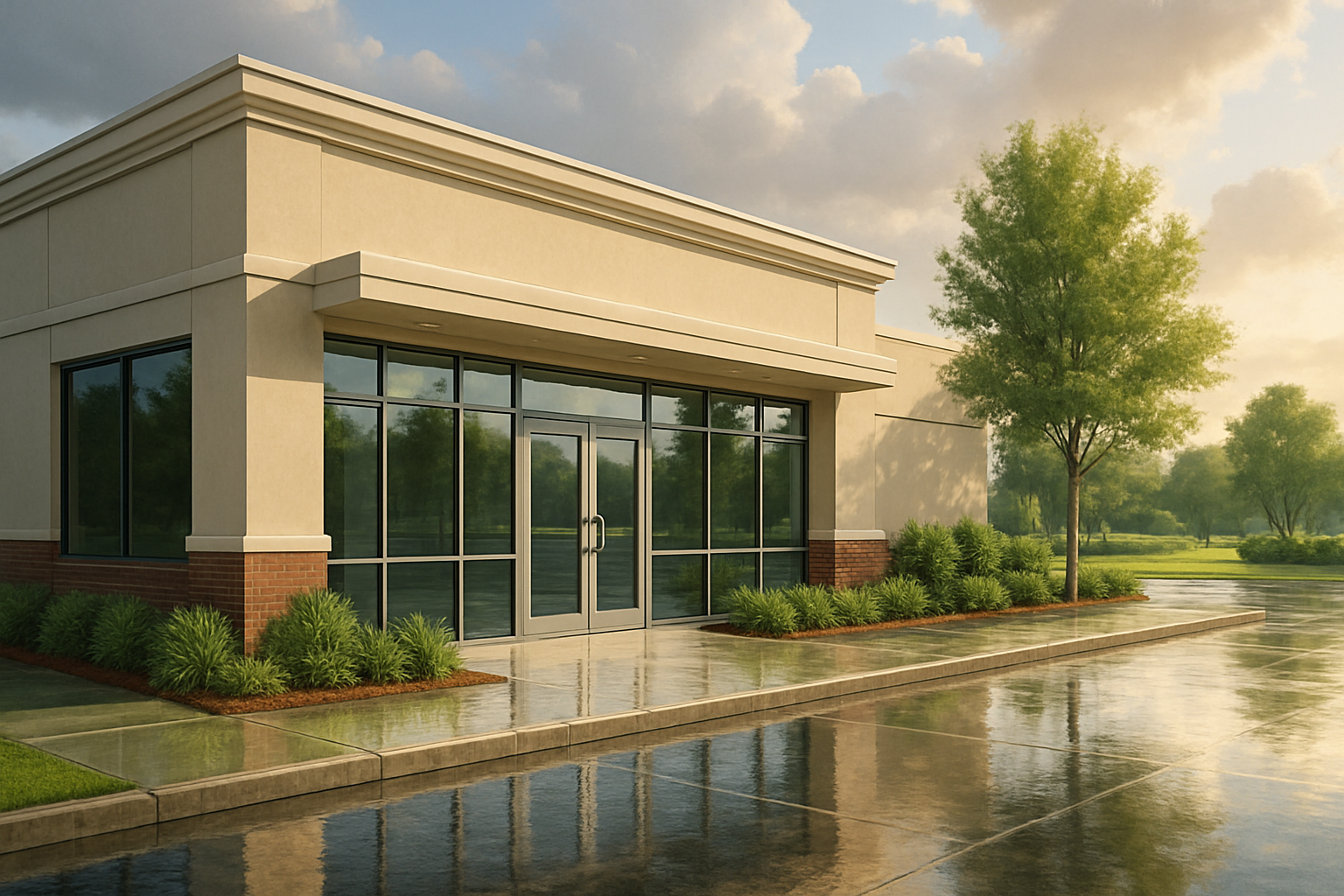 A clean commercial storefront in Freeport Florida after a summer rainstorm, with wet pavement reflecting the building, fresh-looking glass doors, neatly washed sidewalks, green landscaping, and warm August afternoon light breaking through clouds