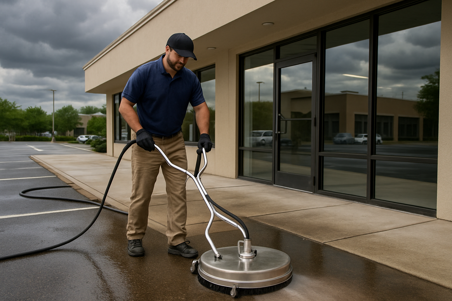 Professional pressure washing technician cleaning a commercial sidewalk in front of a small business in Freeport FL, using a surface cleaner on rain-darkened concrete, with storefront windows, parking spaces, and storm clouds in the background