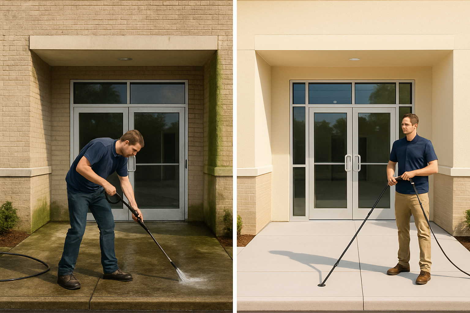 Before and after style scene of a Freeport Florida commercial storefront entrance, one side showing stained concrete and algae near the doorway, the other side showing bright clean sidewalks, fresh exterior walls, and inviting glass doors after pressure washing