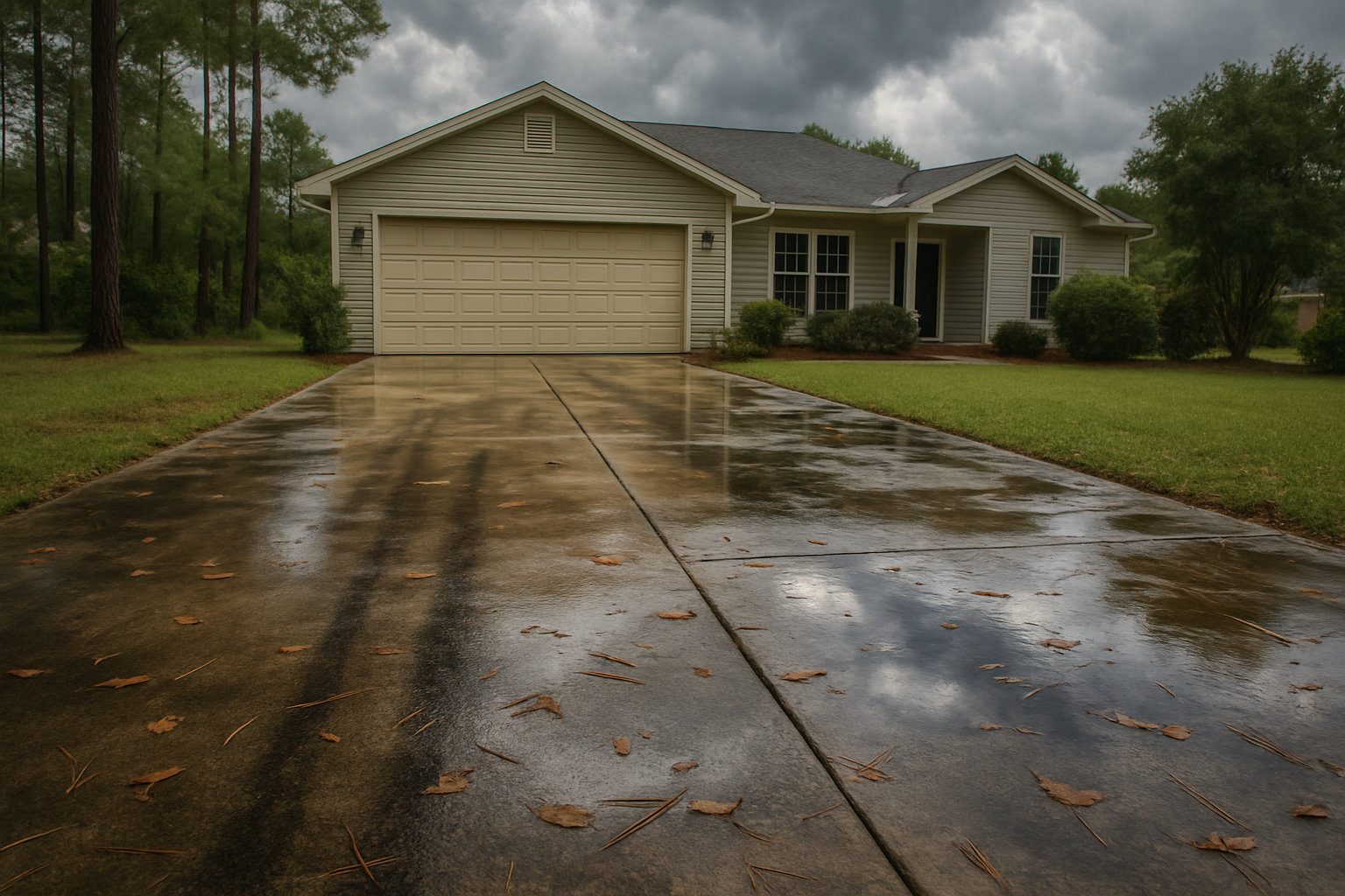 A residential driveway in Freeport Florida after a summer thunderstorm, with damp concrete showing dark algae streaks, scattered leaves, pine needles, and puddles under cloudy humid August skies