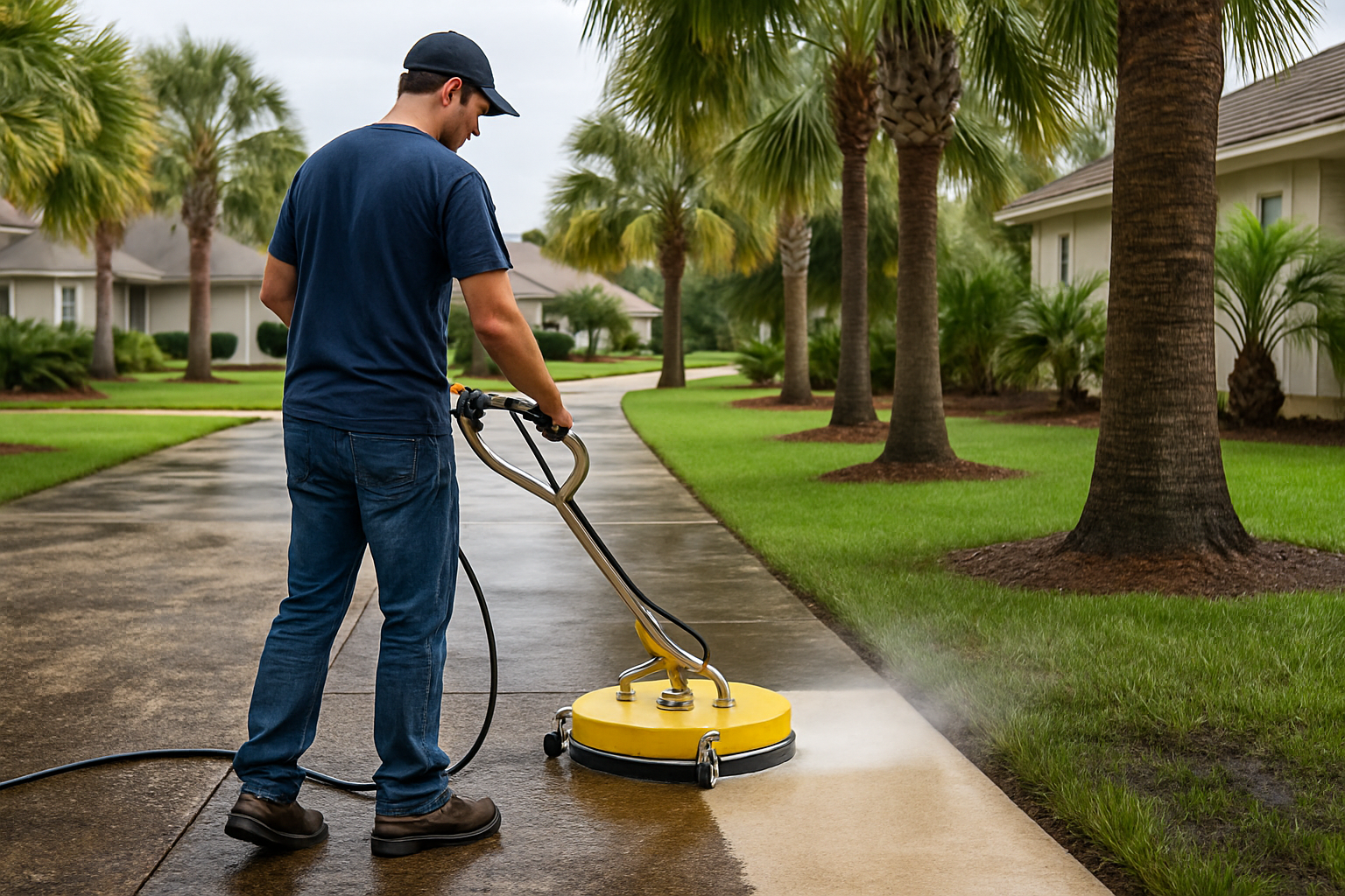A pressure washing professional cleaning a stained concrete sidewalk in a Freeport Florida neighborhood, with bright clean concrete visible in contrast to dark mildew-covered sections, palm trees and wet grass nearby