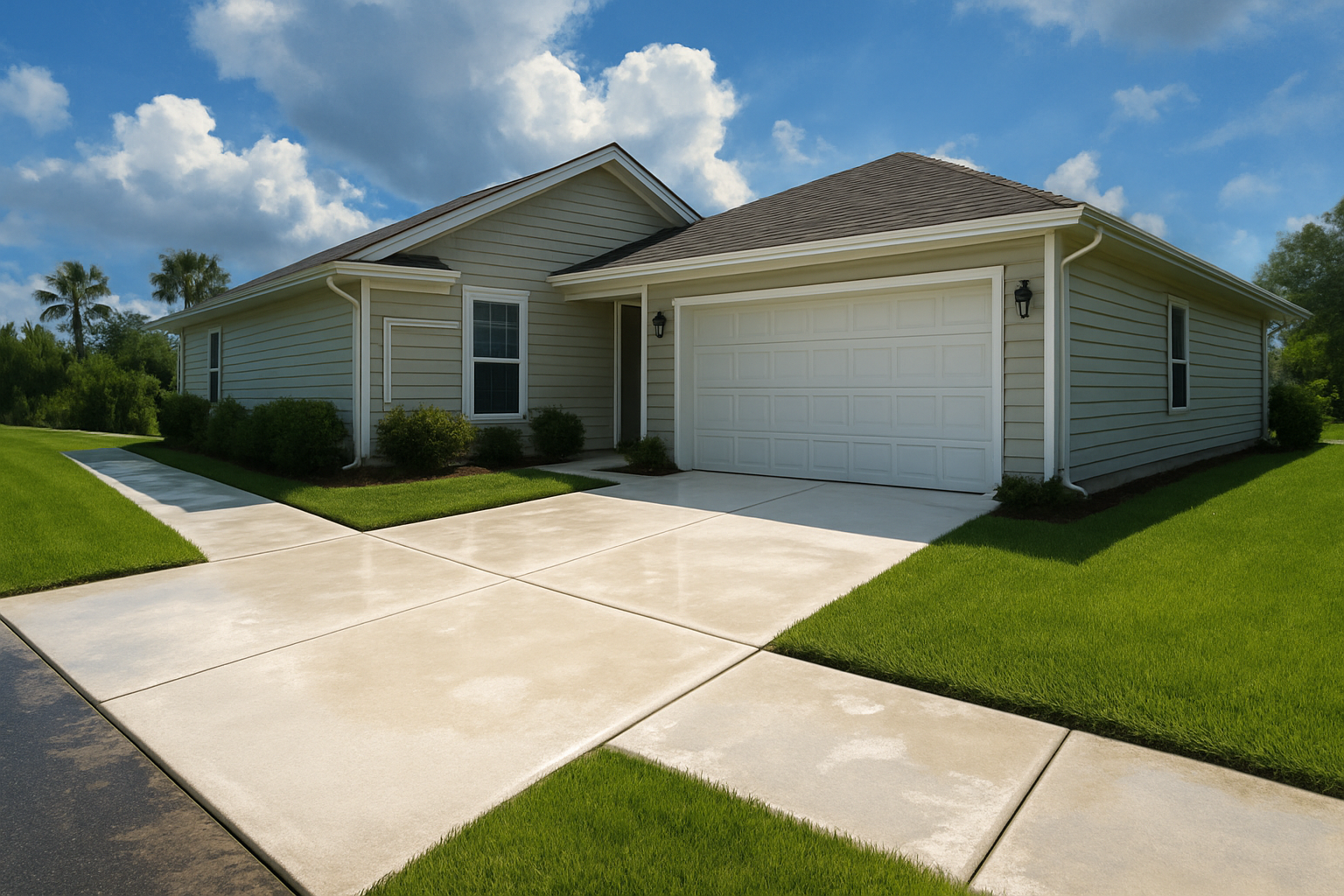A freshly pressure washed concrete driveway and sidewalk in front of a clean Florida home in Freeport, with bright white concrete, green lawn, blue sky after a summer storm, and subtle puddles drying in the sun