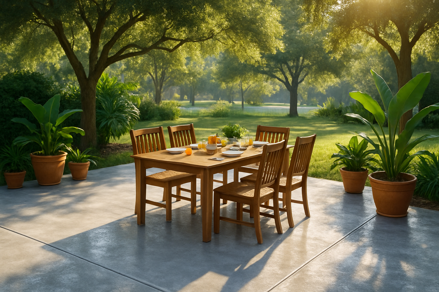 A bright August morning in Freeport Florida showing a freshly pressure washed outdoor dining patio with clean concrete, a wooden table set for breakfast, potted tropical plants, and soft sunlight filtering through oak trees