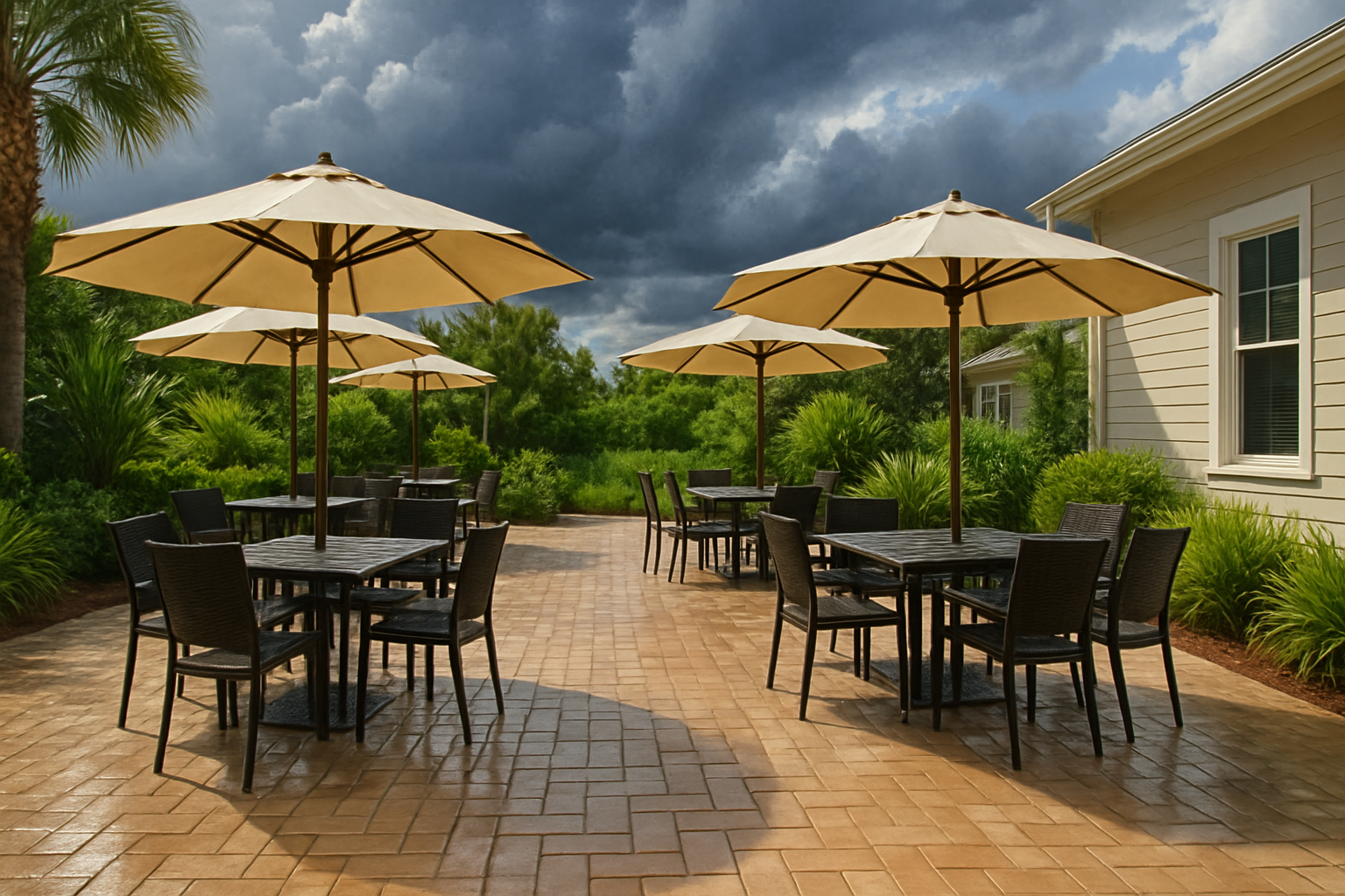 A restaurant outdoor dining area in Freeport Florida after professional pressure washing, with spotless pavers, neatly arranged patio tables and umbrellas, lush greenery, and dramatic summer storm clouds clearing in the distance